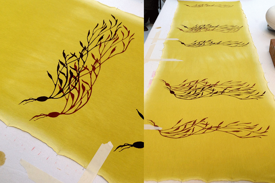 Printing another one of my seaweed designs onto a length of saffron viscose.