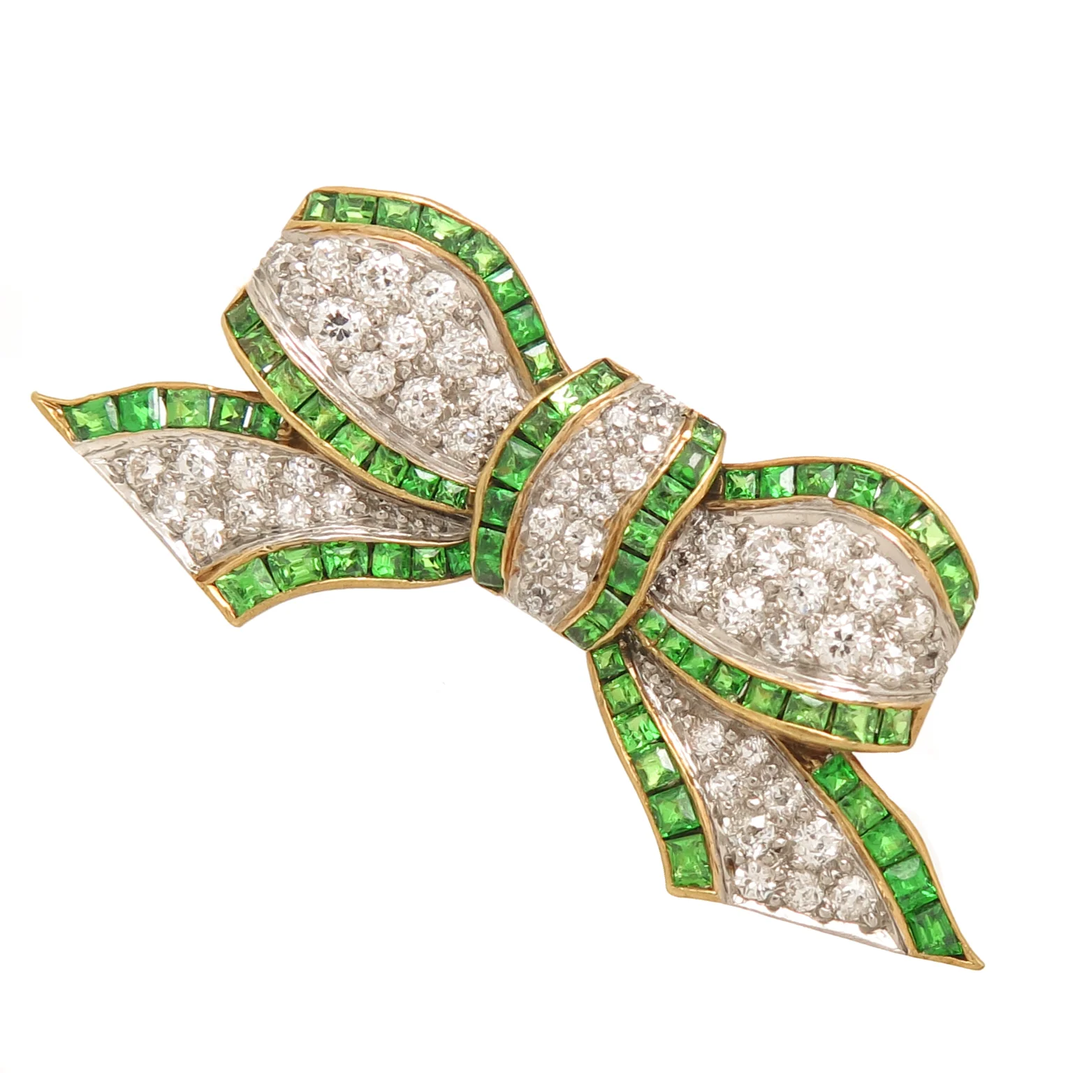 Edwardian Demantoid Garnet Diamond Gold Platinum Bow Brooch