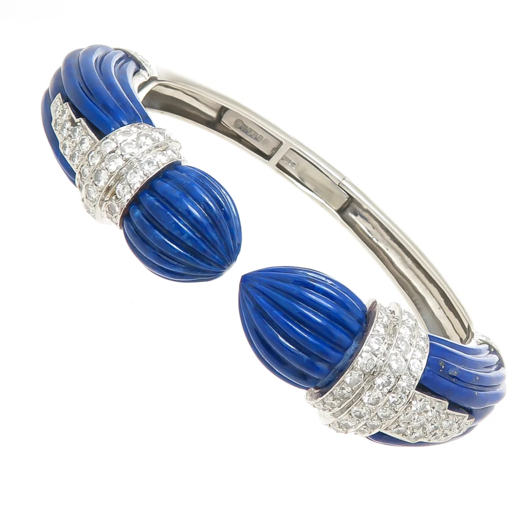 1980s David Webb Lapis Diamond Gold Cuff Bracelet