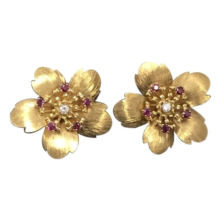 18k Gold Tiffany Flower Diamond Earrings RARE Tiffany Co 18k Gold