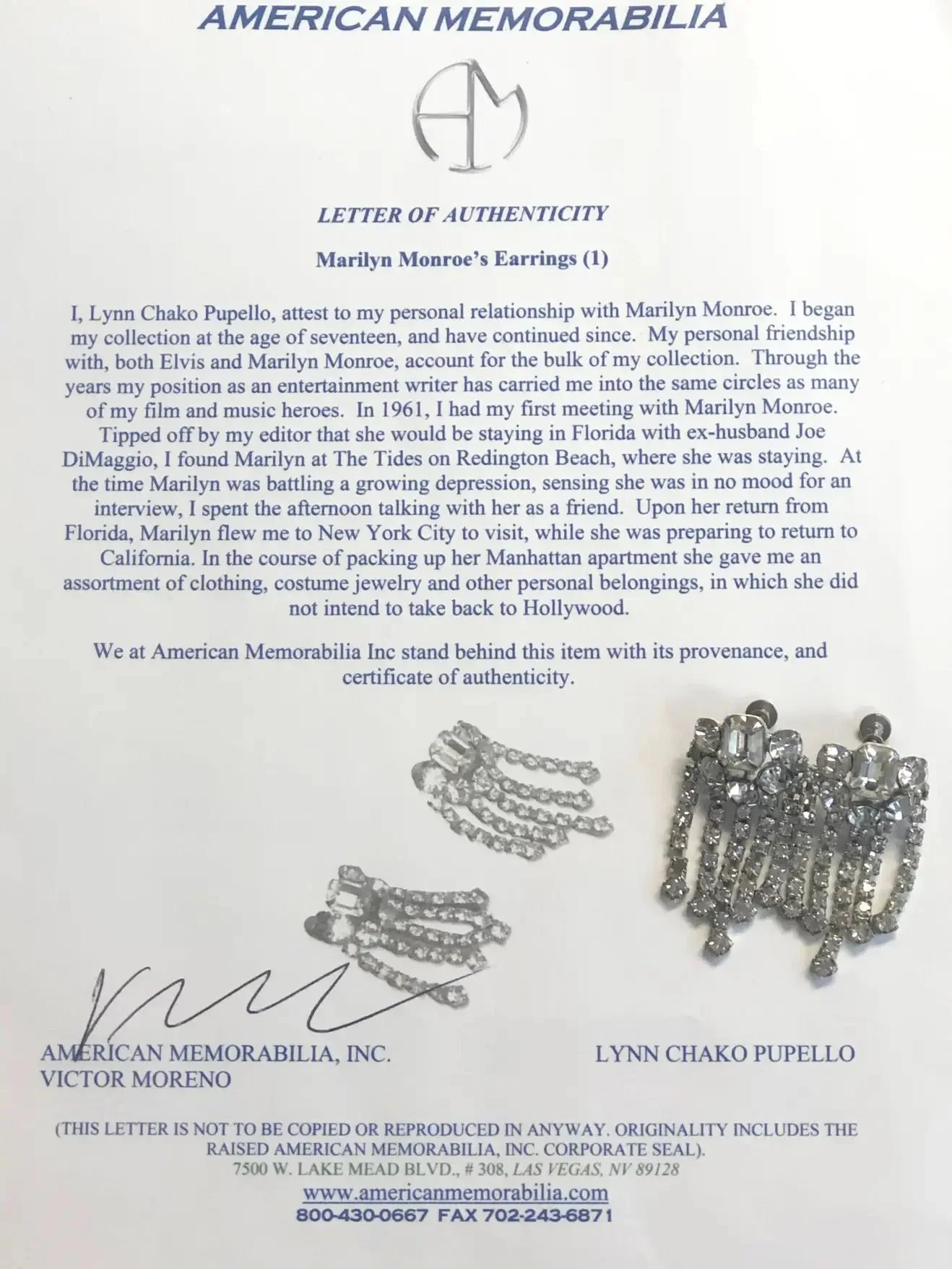Marilyn Monroe Owned and Worn Earrings — N. GREEN AND SONS