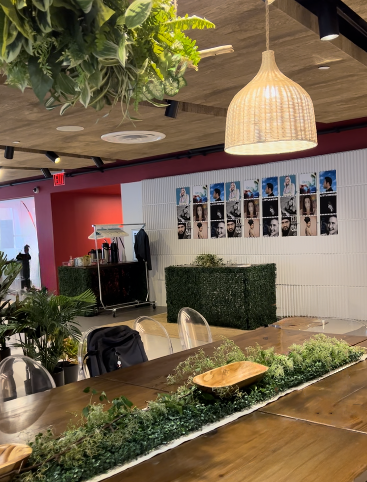  Spotify UM annual meeting in the Manhattan Mall Offices.  Designed and Decorated a space that transports the team to a tropical location not the cafeteria. Built an entire temporary wall of corrugated plastic tiles to hide all the refrigerators.    