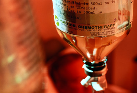 A typical bottle of IV chemotherapy treatment taken by cancer patients. Photo credit OneBode.