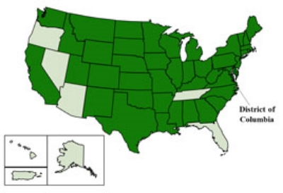Map of all states with reported cases (dark green) of the virus as of September 25, 2014. North Carolina is one of those state. Photo credit Centers for Disease Control and Prevention.