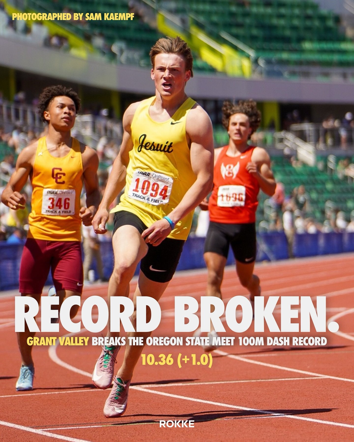 Grant is HIM!!! @grant_valley breaks the Oregon state meet 100M dash record. #ROKKEFAM