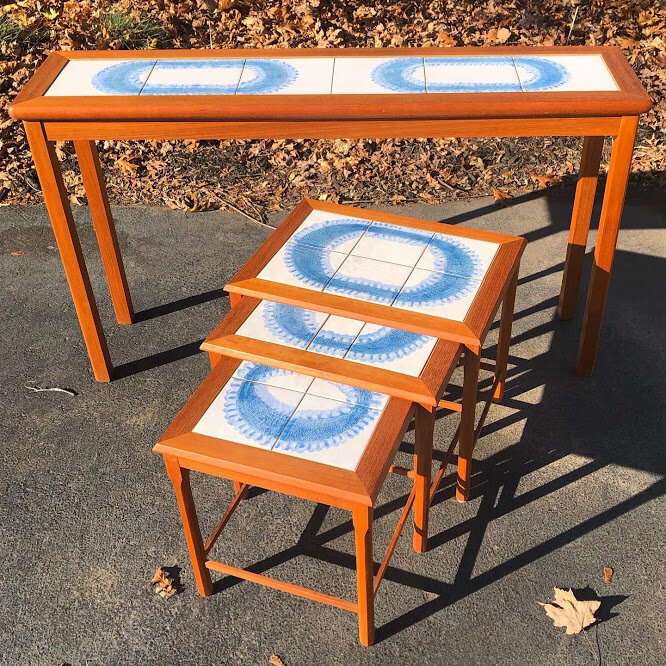 Danish teak &amp; tile console table &amp; nesting tables toften mobelfabrik