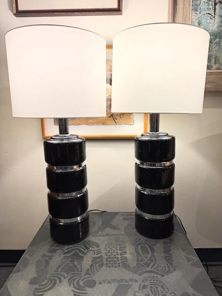 909 Pr 1970s Black & Silver Cylinder Lamps