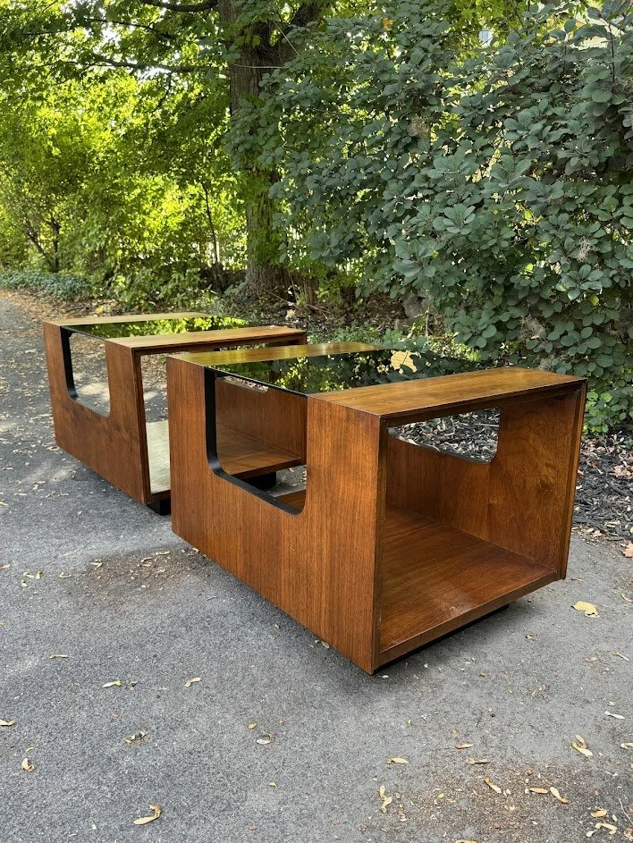 904 1970s Lane Walnut & Smoked Glass Tables