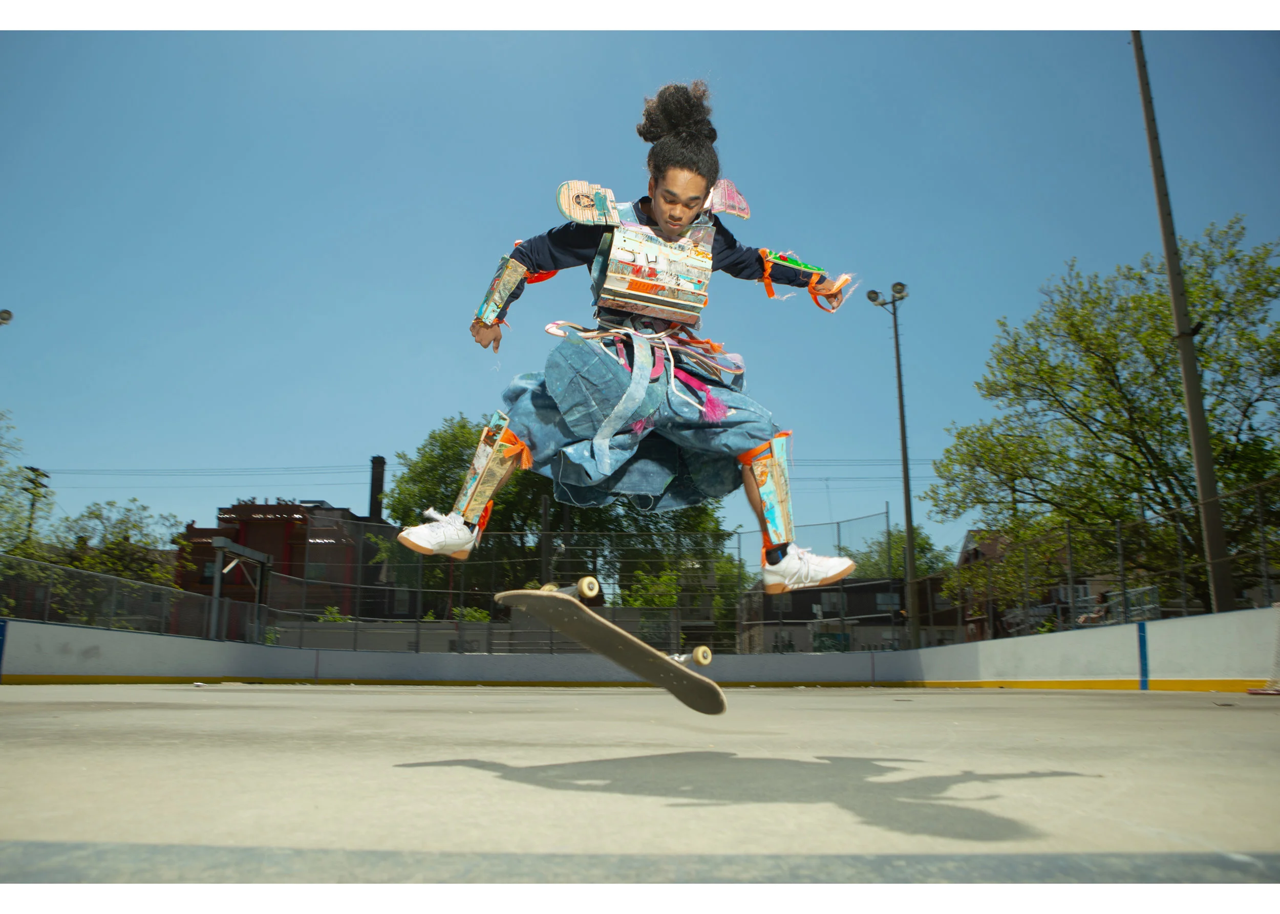 Makoto Aoki Barrett wearing armour collaboratively made with PA System and Oasis Skateboard Factory, to be worn in Sinaaqpagiaqtuut/The Long-Cut, Photo: Saajid Motala, Mixtape Photos