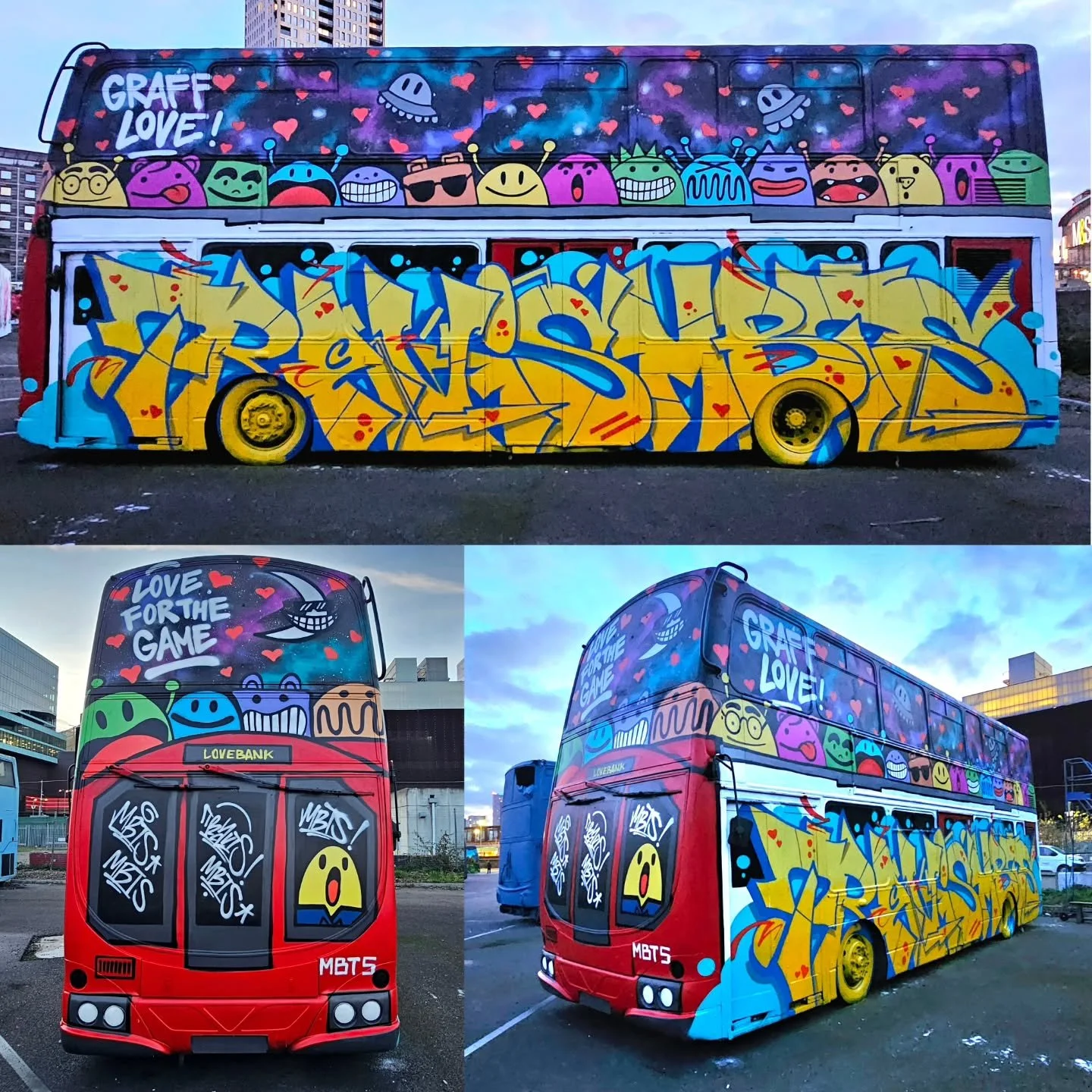 GRAFF LOVE!
I turned a double decker bus into a London underground train for the @stratford_junction project!
Next stop, Lovebank! 

SWIPE for the details
.
.
.
.
#graffiti #love #spraypaint #loopcolors #graffitiworldwide