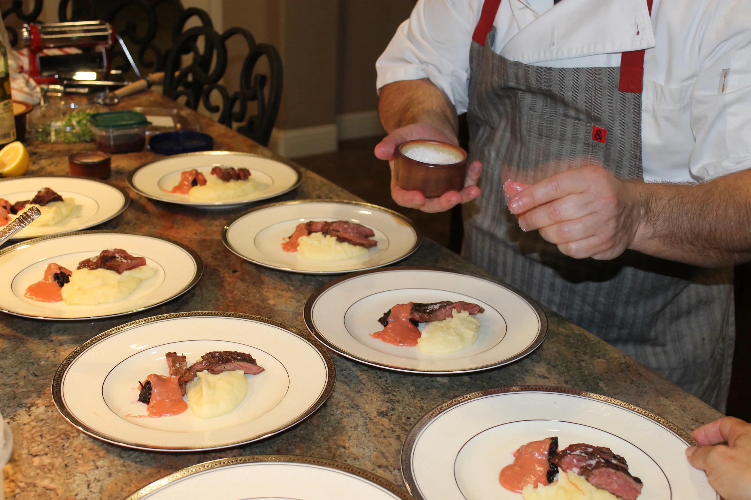 Topping the skirt steak with Maldon salt