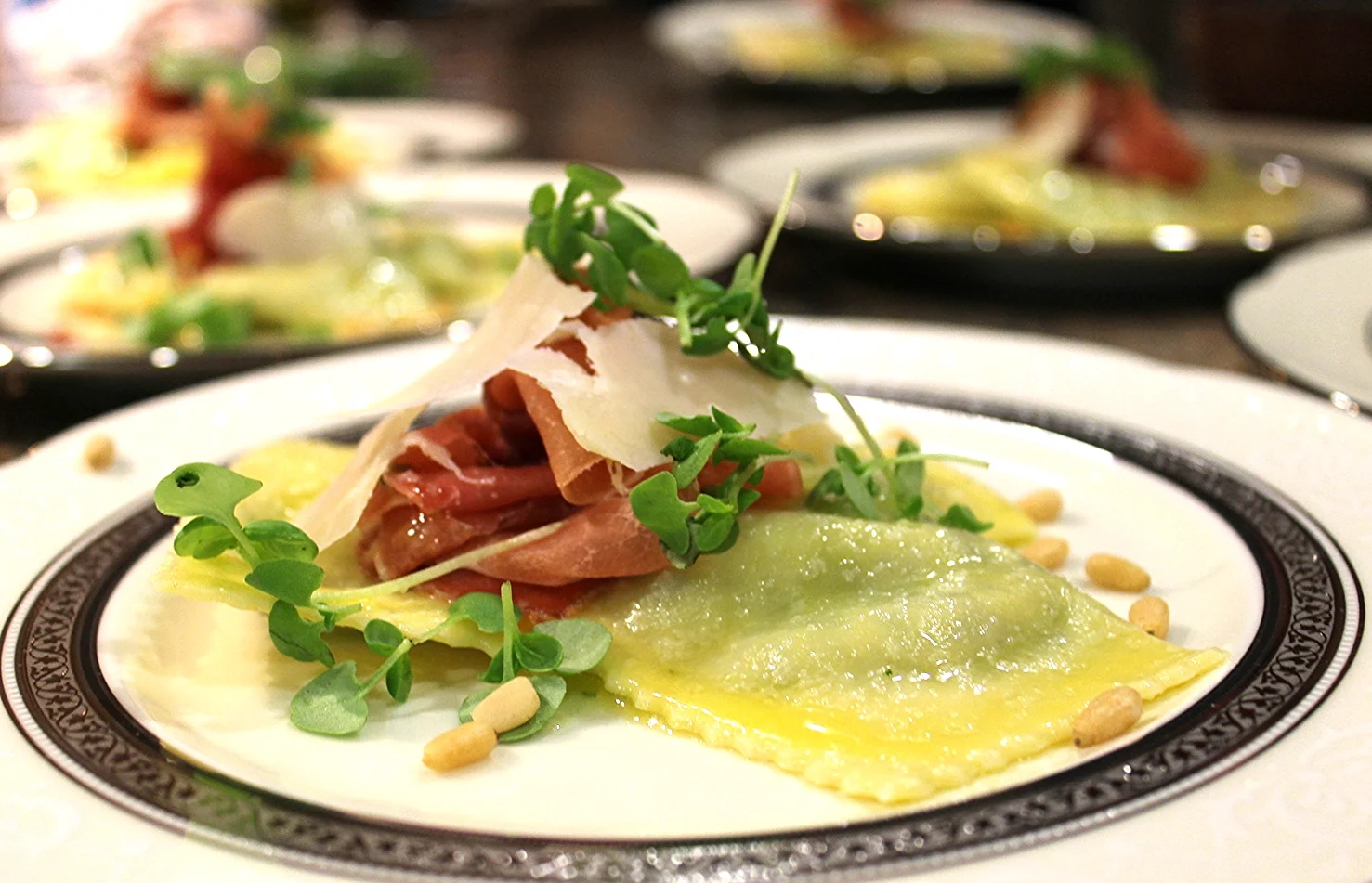 Ravioli with proscuitto, pine nuts, grana and basil