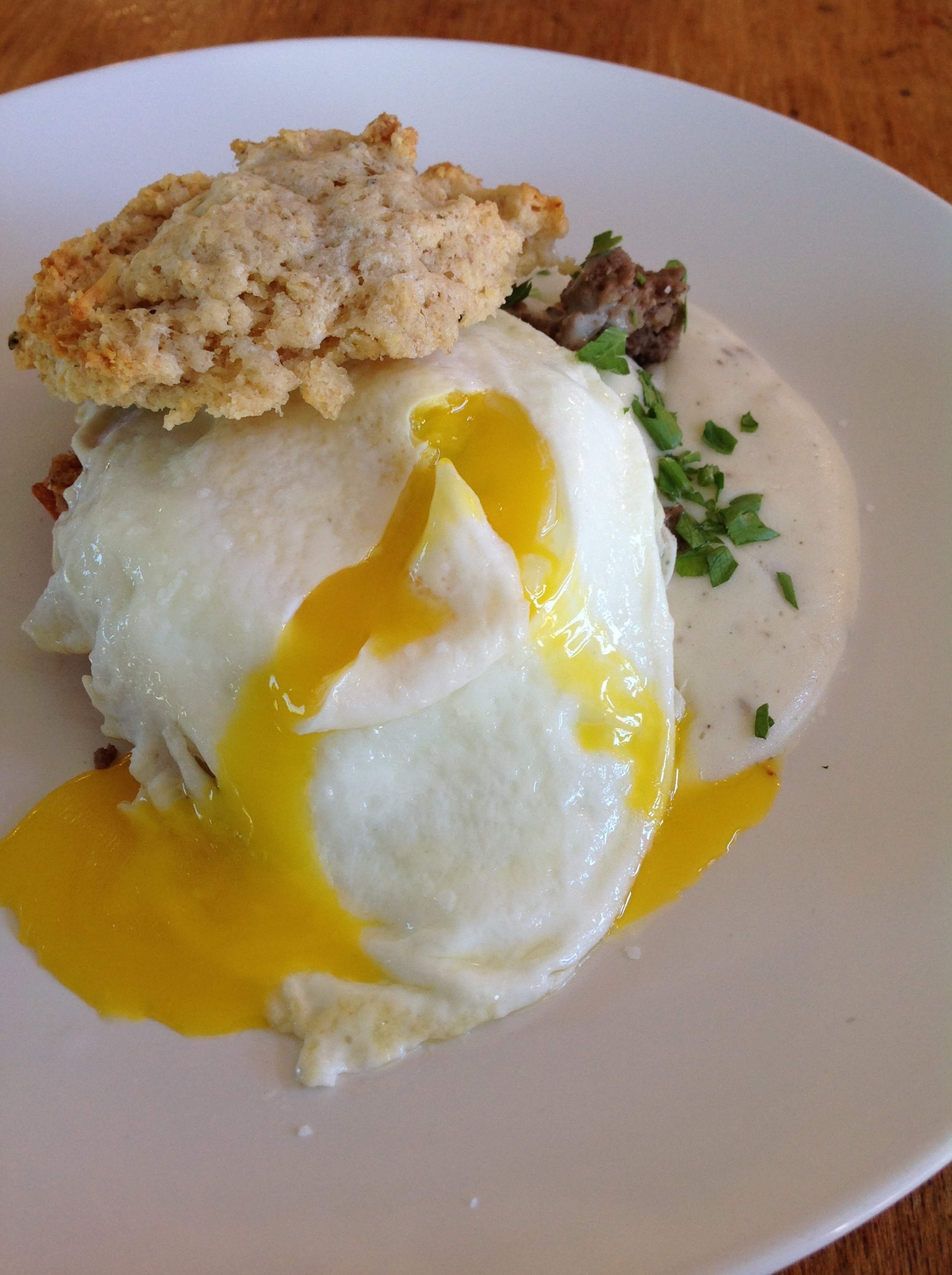 Scones and Gravy with a runny egg