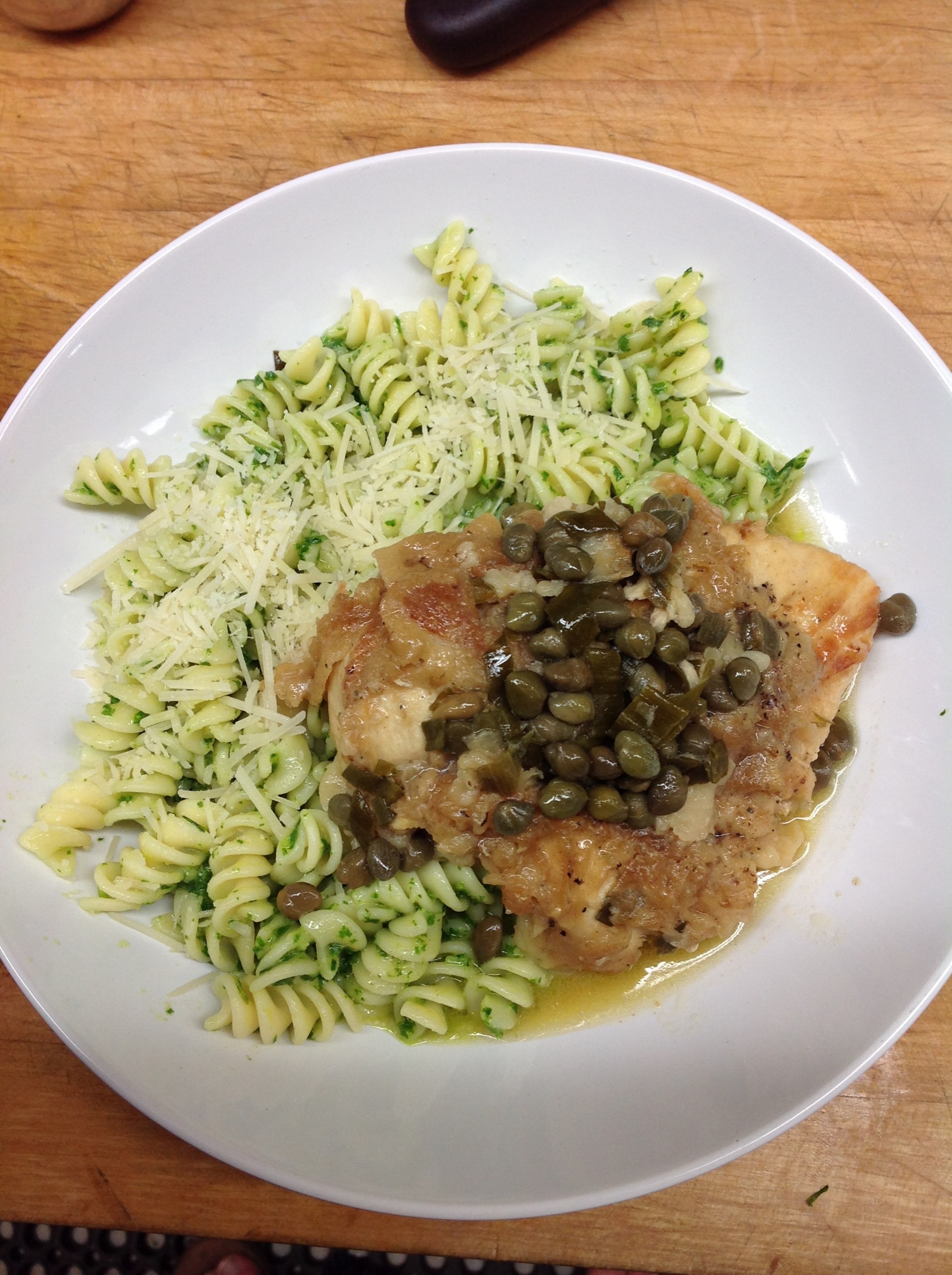 Chicken Piccata with fusilli pesto