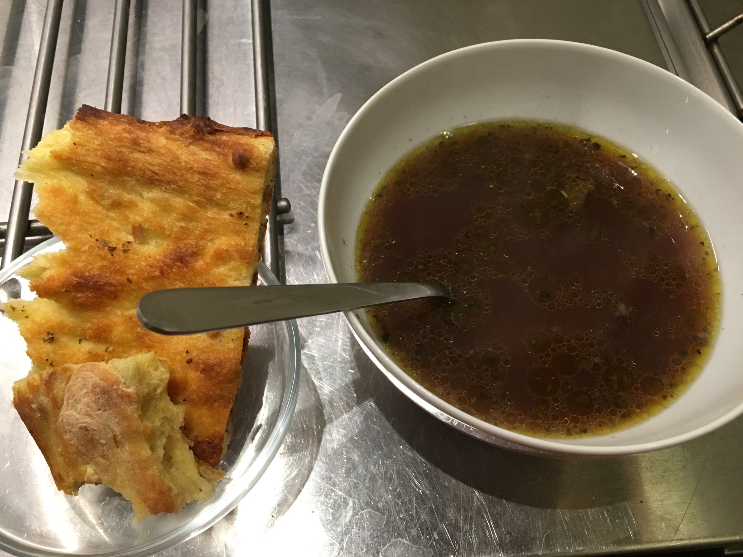 Veal bone broth and corn bread focaccia