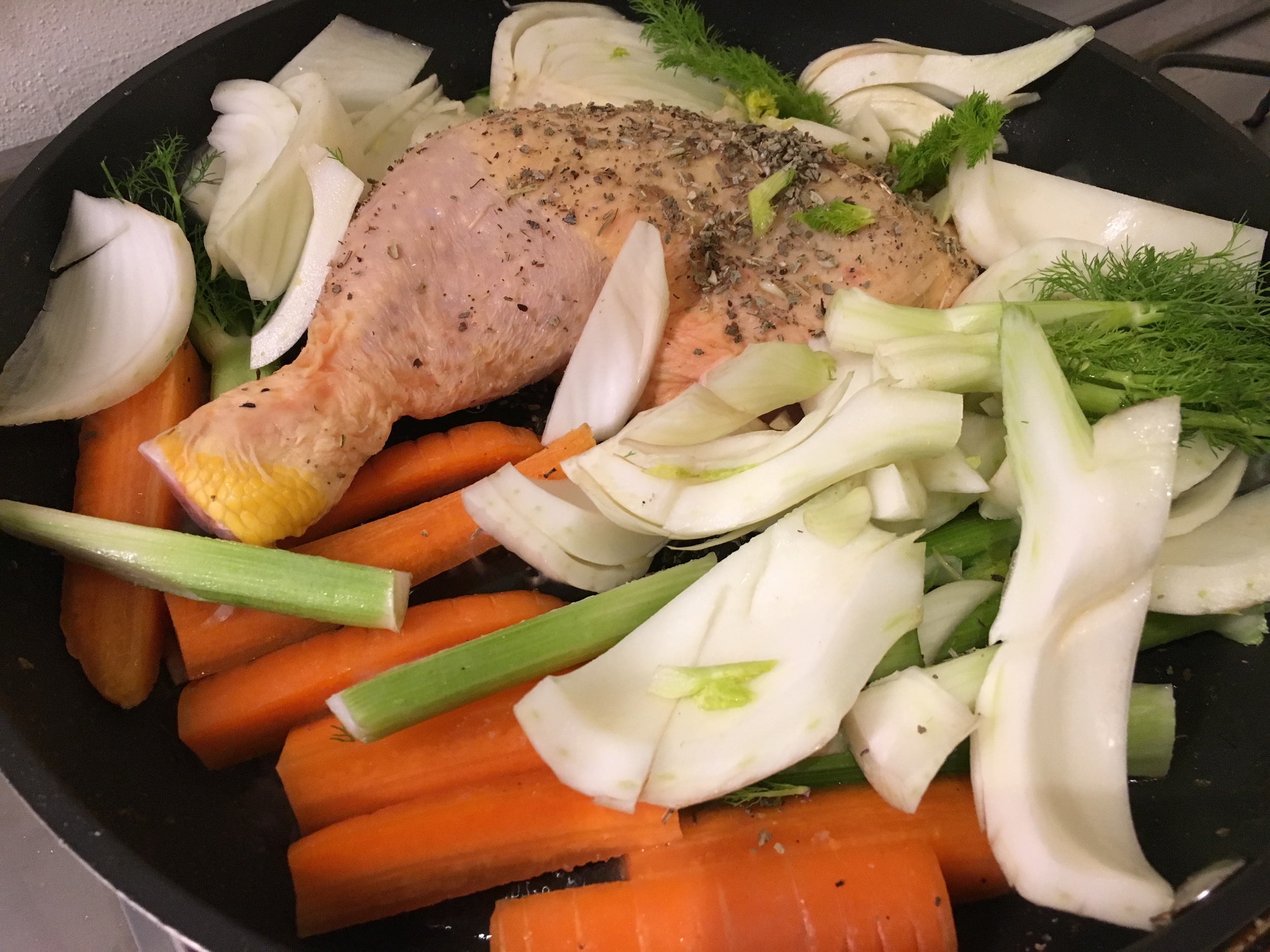 Chicken with fennel and carrots, braised in red wine