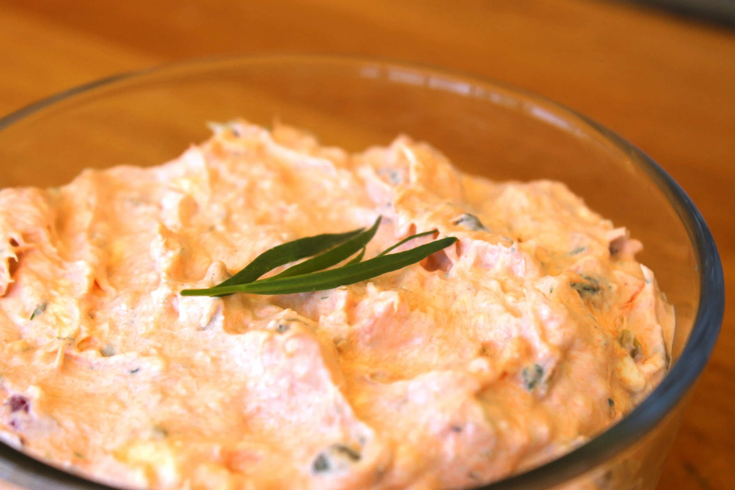 Finished product, salmon dip topped with taragon