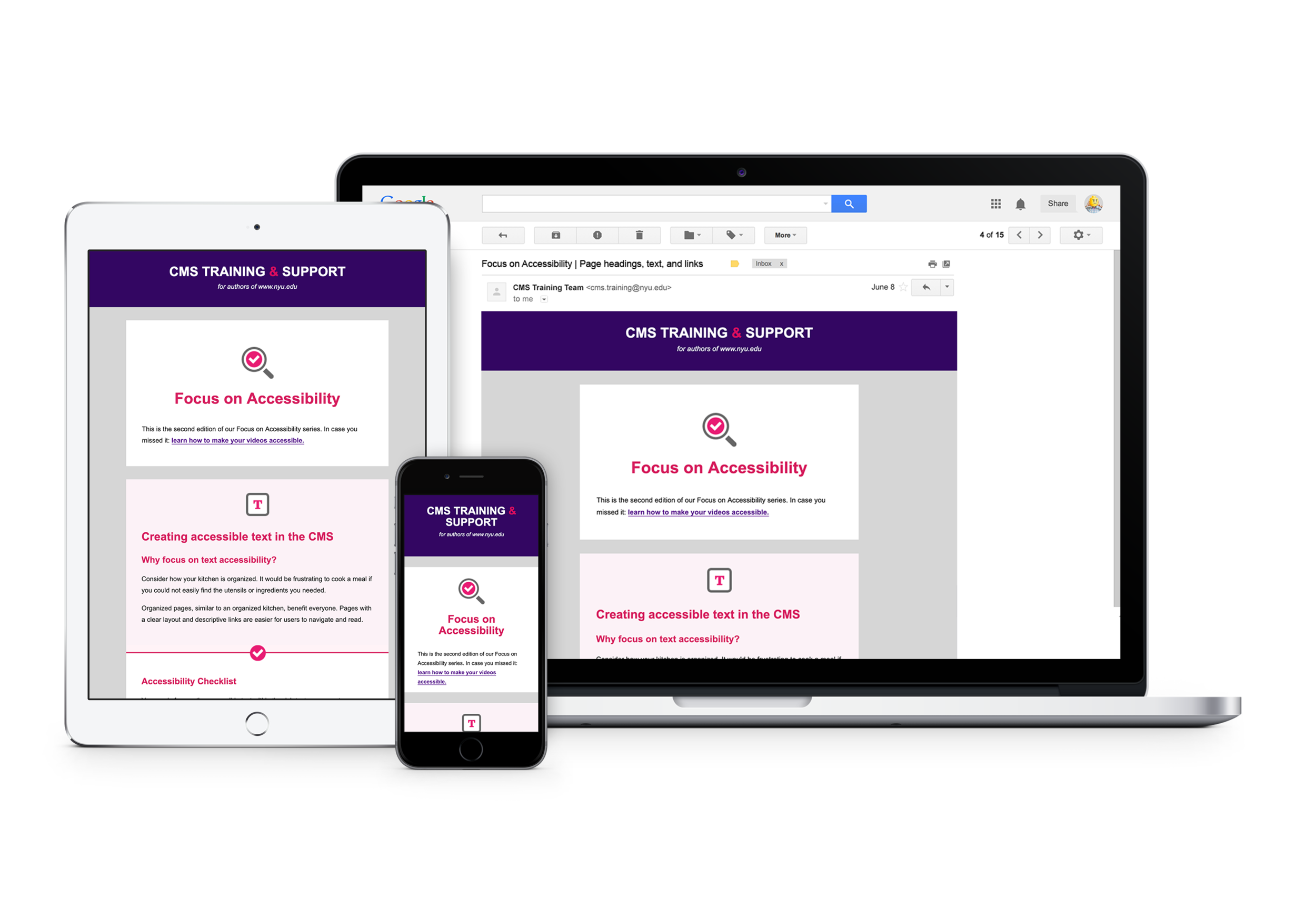 Laptop, tablet, and mobile view of Focus on Accessibility email design