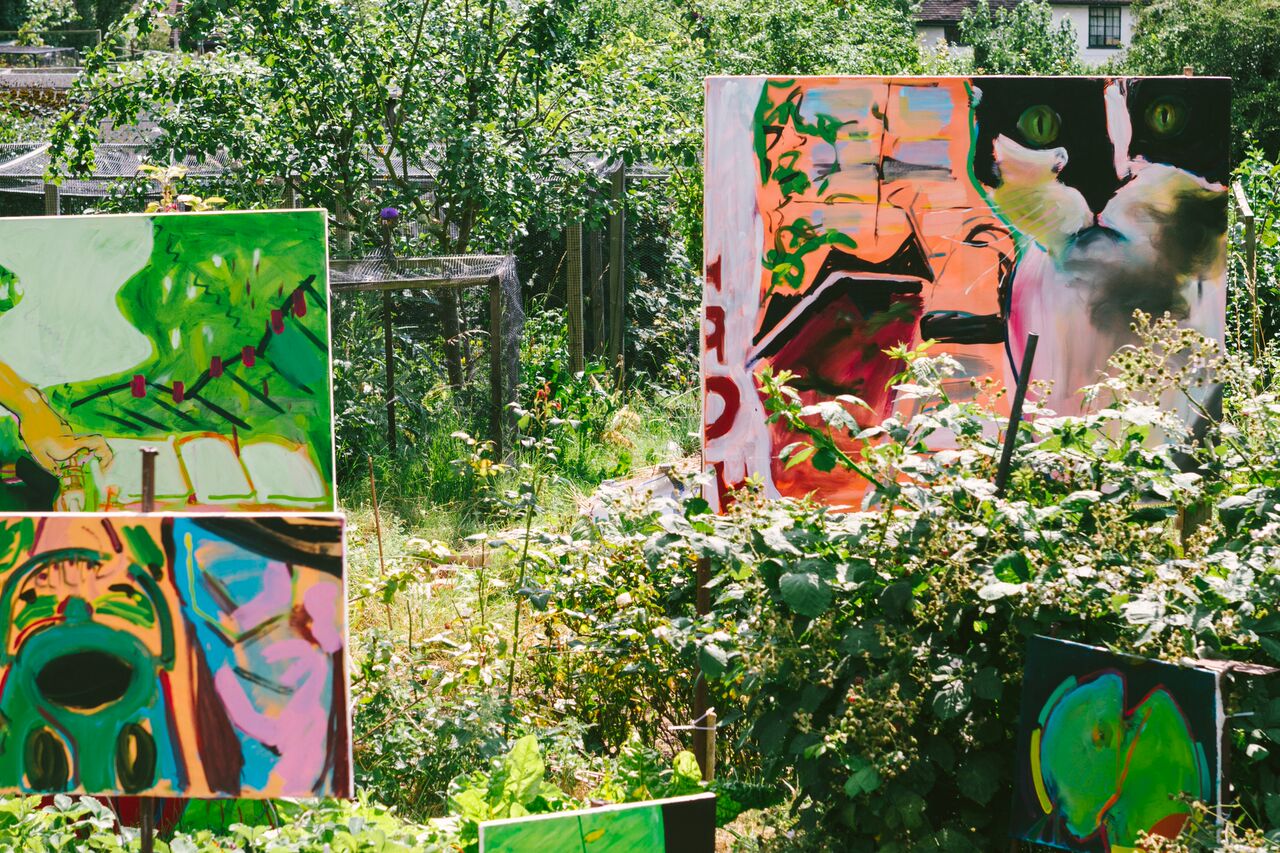 Lucy Evetts on Margaret's plot Sally and Bill 2016 (painted over a week whilst on the allotment)