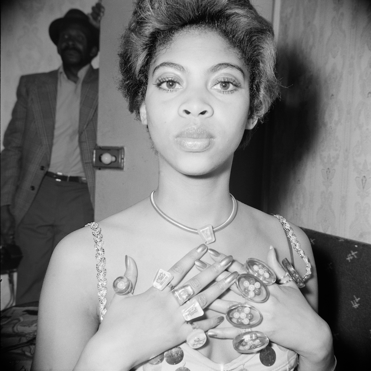 Holley modelling jewellery at Blythe Road, Hammersmith, London,early 1970s. From the portfolio 'Black Beauty Pageants'. Courtesy of © Raphael Albert/Autograph ABP