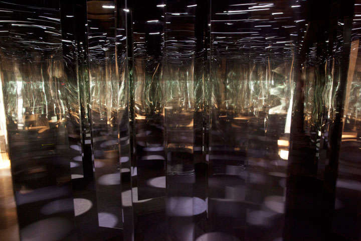 Julio Le Parc Continuel - lumière cylindre (Continuous Light Cylinder),1962/2013 Painted wood, stainless steel, motor, metal disk, and light Dimensions variable Courtesy the artist and Galeria Nara Roesler Julio Le Parc © 2016 Artists Rights Society (ARS), New York / ADAGP, Paris Photo: Everton Ballardin © Galeria Nara Roesler