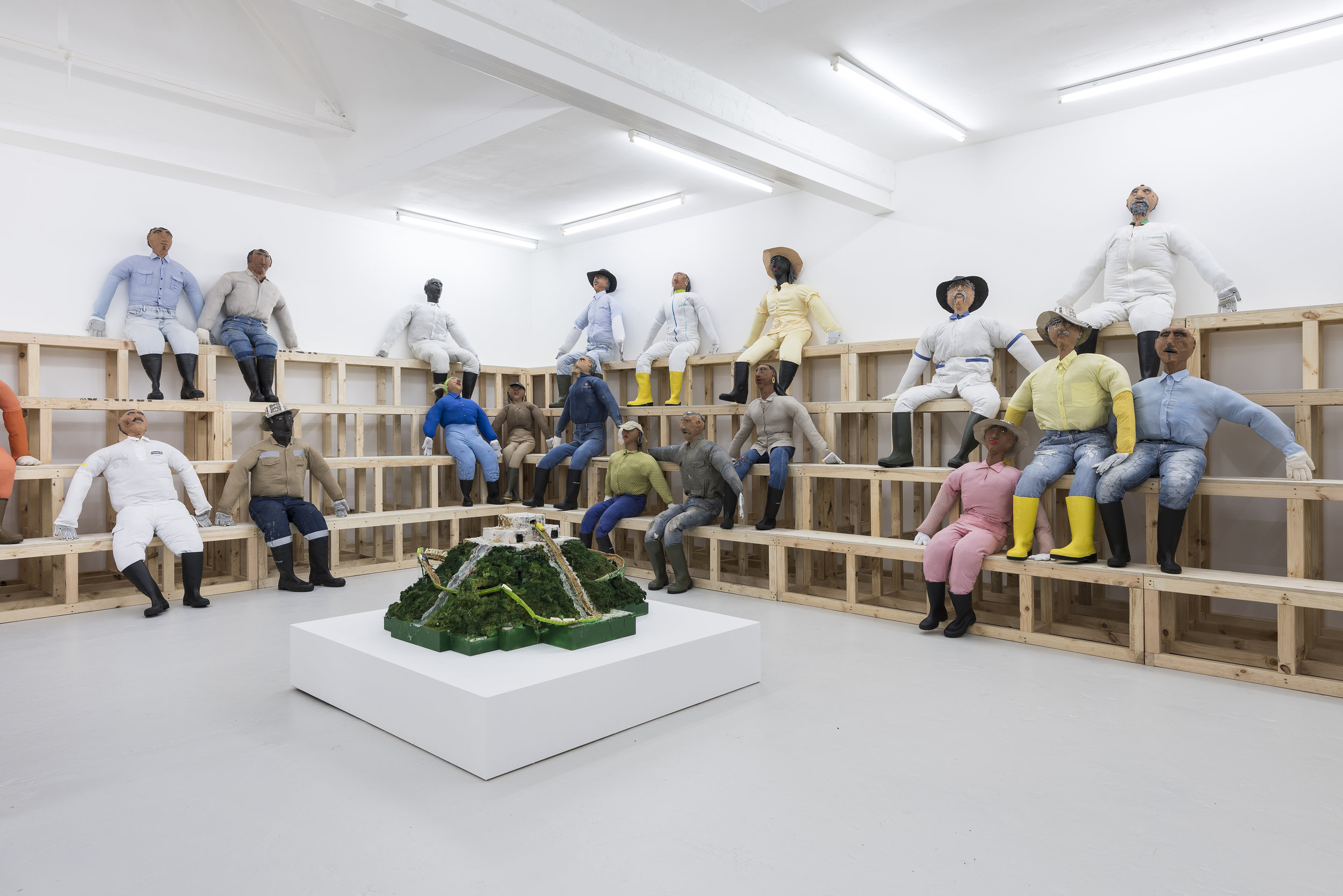 Oscar Murillo, Human Resources, 2016 , 8780 x 9830 cm, wooden seating, effigies