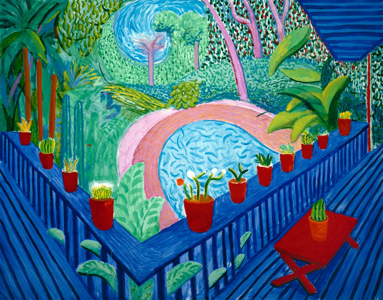 Red Pots in the Garden 2000. Oil paint on canvas. 1524 x 1930 mm. Private collection, courtesy Guggenheim Asher Associates © David Hockney Photo Credit: Richard Schmidt