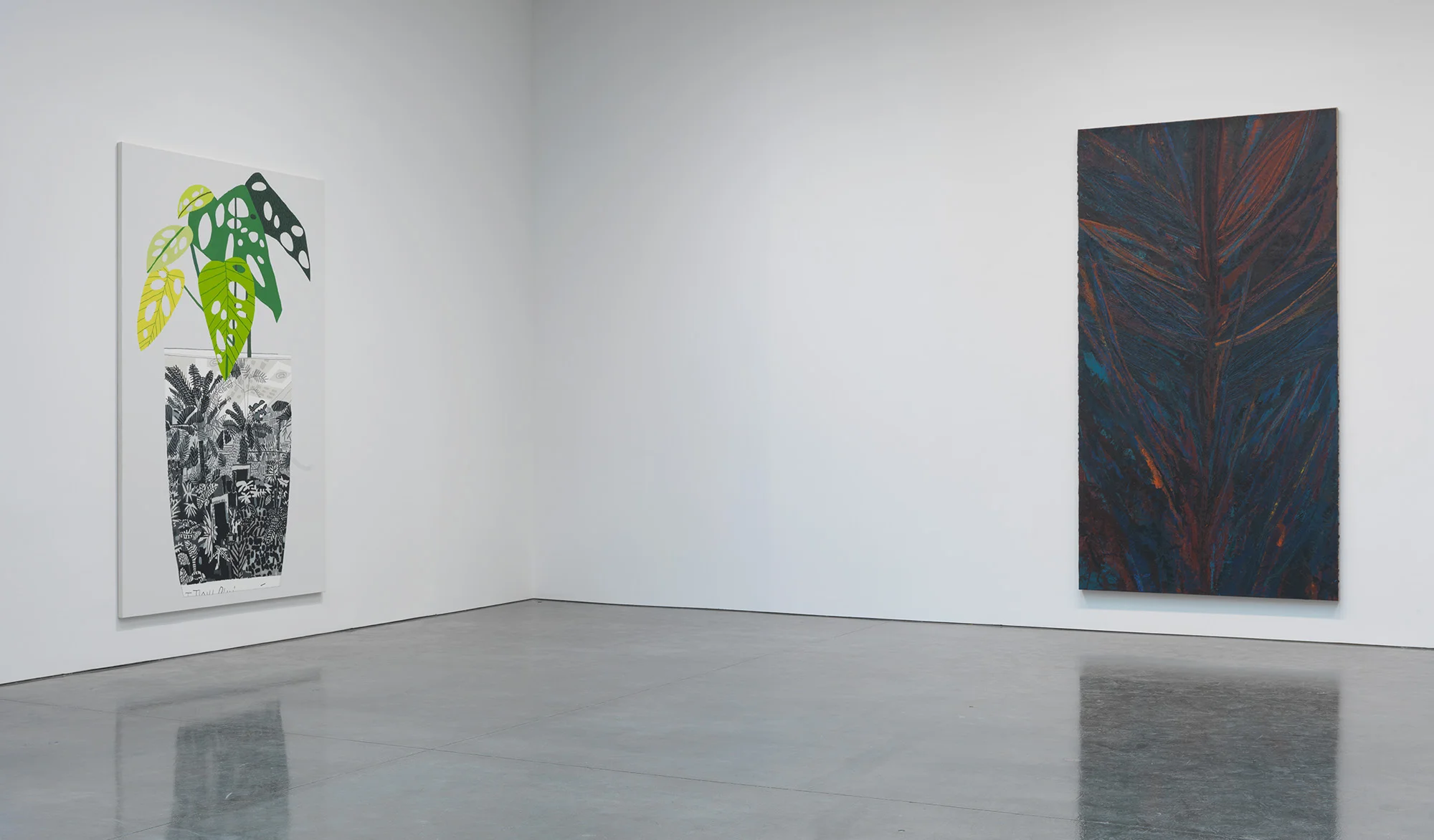 Jonas Wood, Landscape Pot 2 , 2014, oil and acrylic on canvas, 304.8 x 193 cm; Mark Grotjahn, Untitled (Turkish Forest V Face 43.94) , 2012, oil on cardboard mounted on linen, 346.1 x 184.8 cm. Artwork © Jonas Wood. Artwork © Mark Grotjahn. Photo by Rob Mckeever. Courtesy Gagosian.