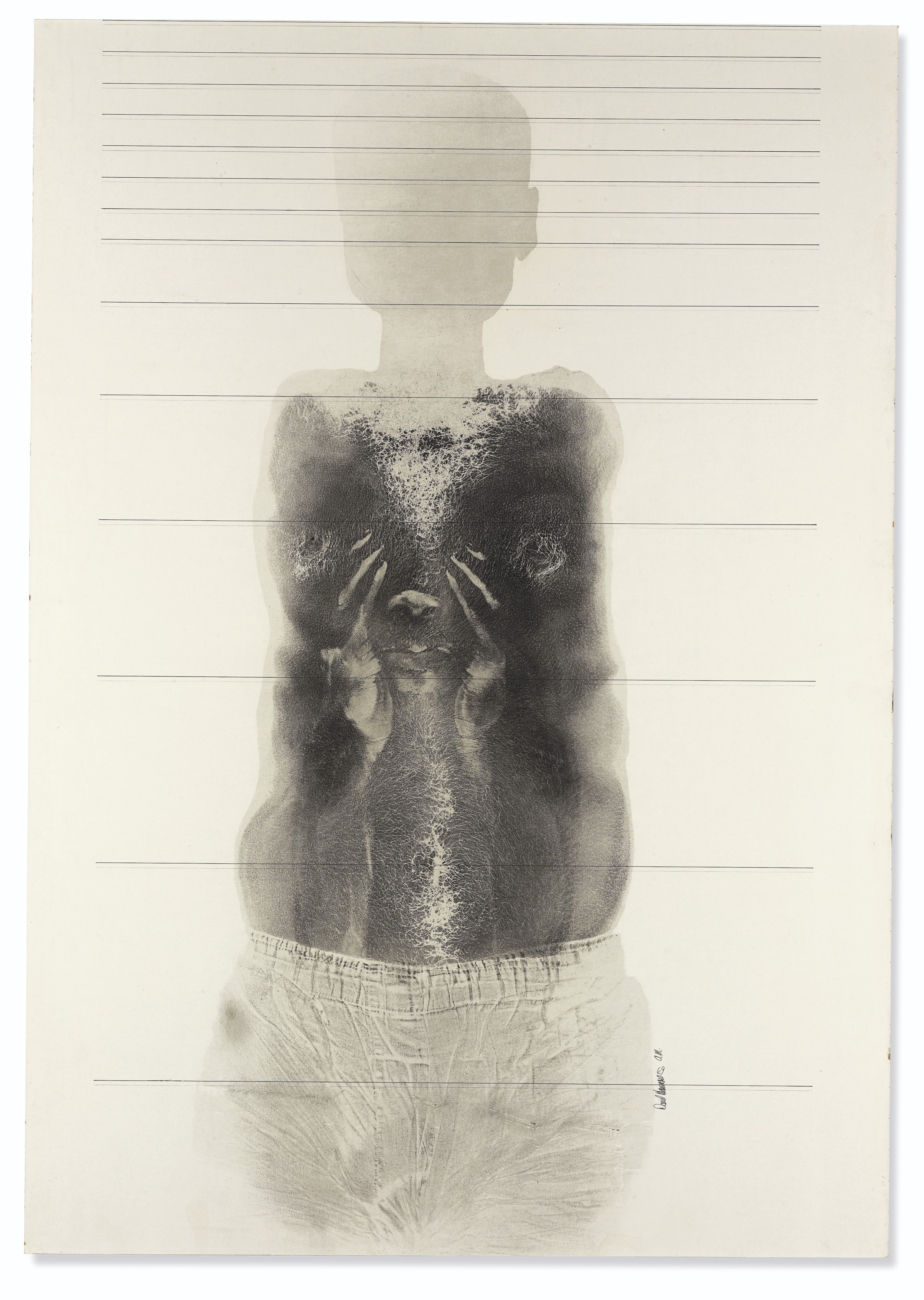 David Hammons, Close Your Eyes and See Black , (1969), ink, graphite and body print on paperboard, 100.3 x 70.1 cm (39 1/2 x 27 5/8 in.) © David Hammons, Courtesy White Cube