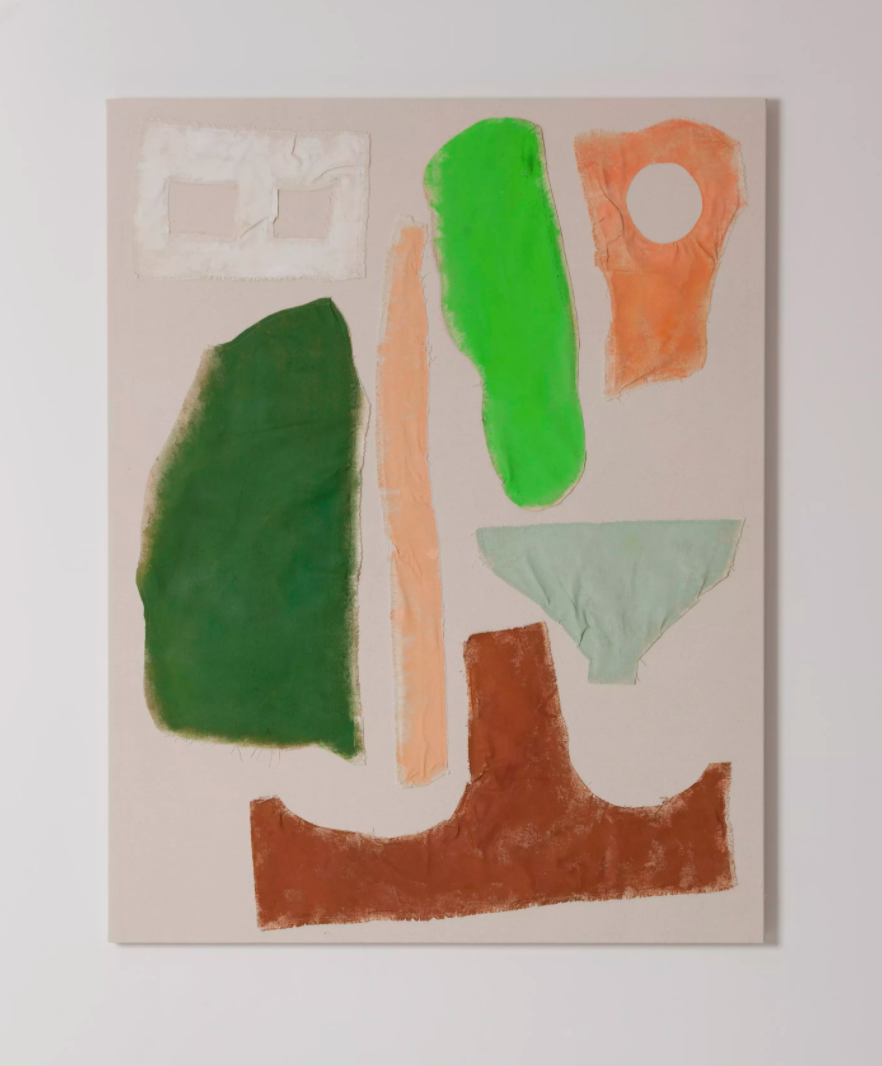 Scarlett Bowman, Packing Peanut, Wood, Marble, Signpost, Dustpan , 2017, acrylic on canvas, 130 x 100 cm. Image courtesy of the artist and The Dot Project.