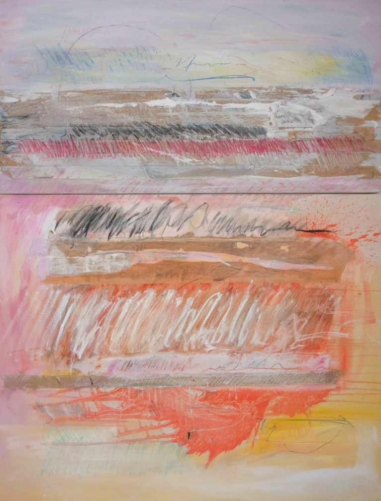 Sang Woo Kim, ( Untitled uneven diptych) crying to shout , 2017, mixed media on canvas, 150 x 200 cm. Image courtesy of the artist and The Dot Project.