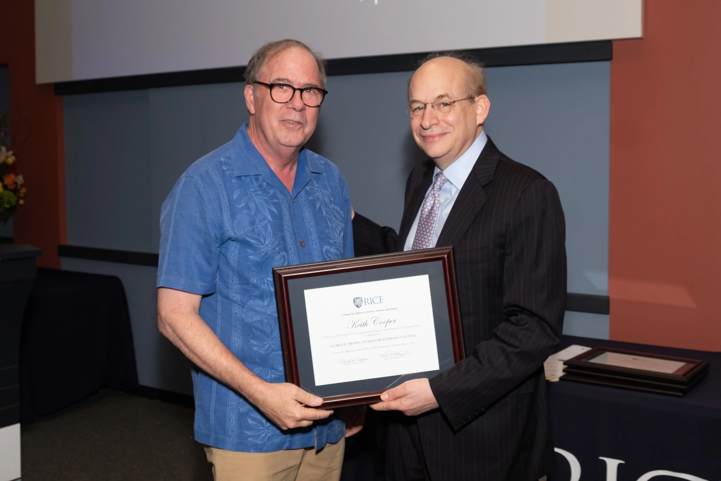 President Leebron & Keith Cooper, George R. Brown Award for Superior Teaching