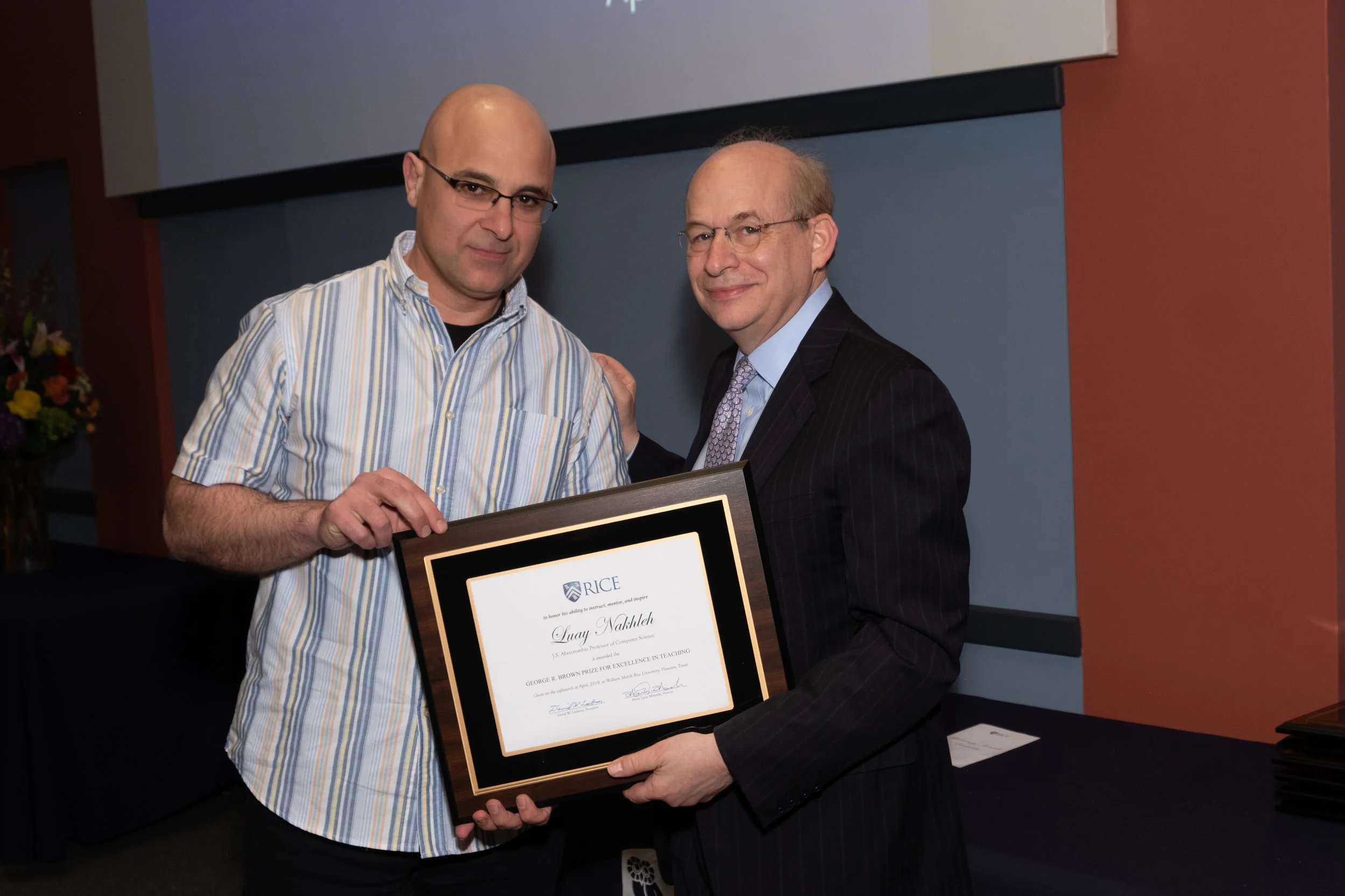 President Leebron & Luay Nakhleh, George R. Brown Prize for Excellence in Teaching