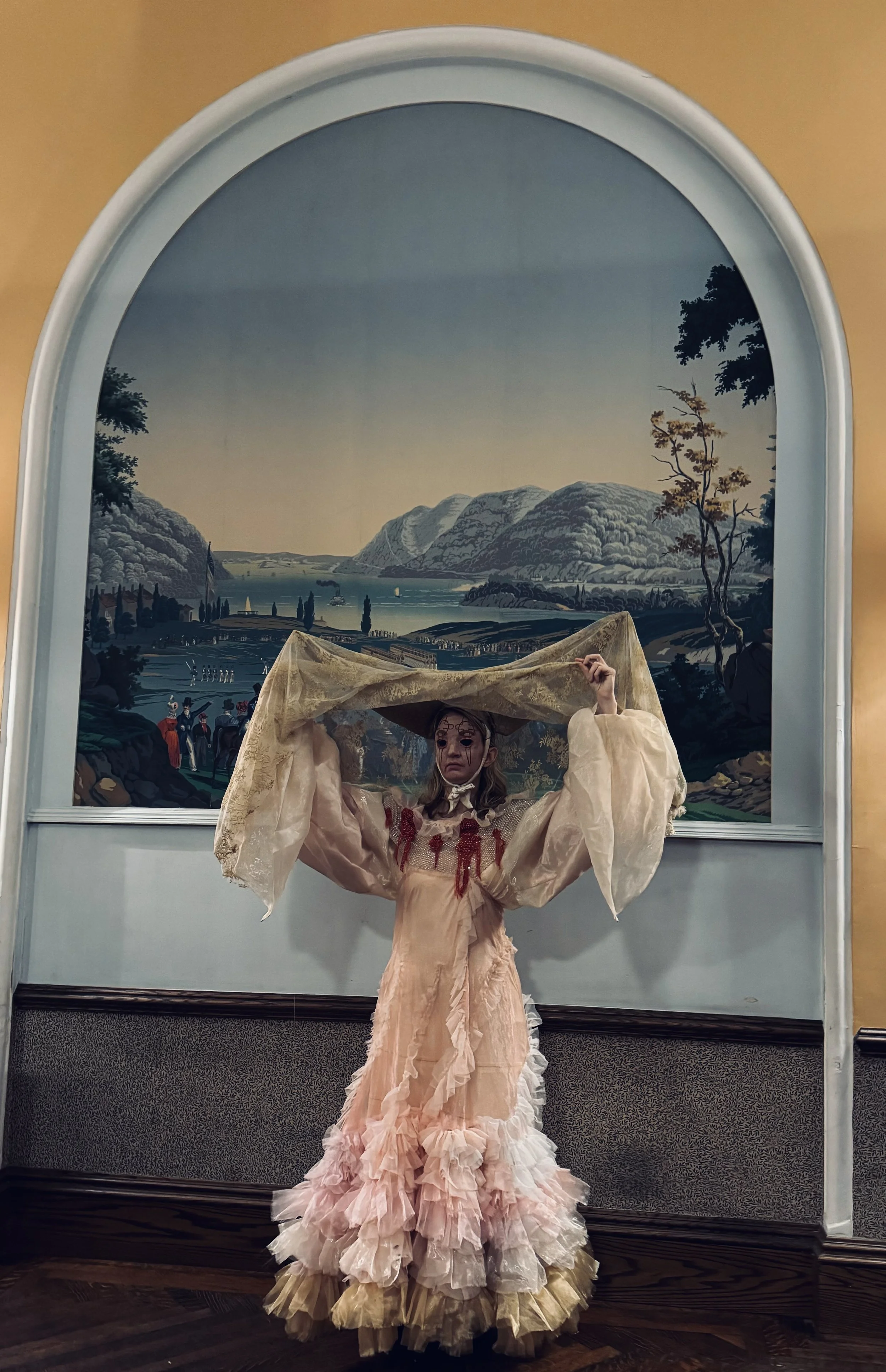 A person wearing an elaborate, pale pink dress with layered ruffles and lace, holding a lace parasol above their head, standing in front of a painted landscape mural with mountains and water.