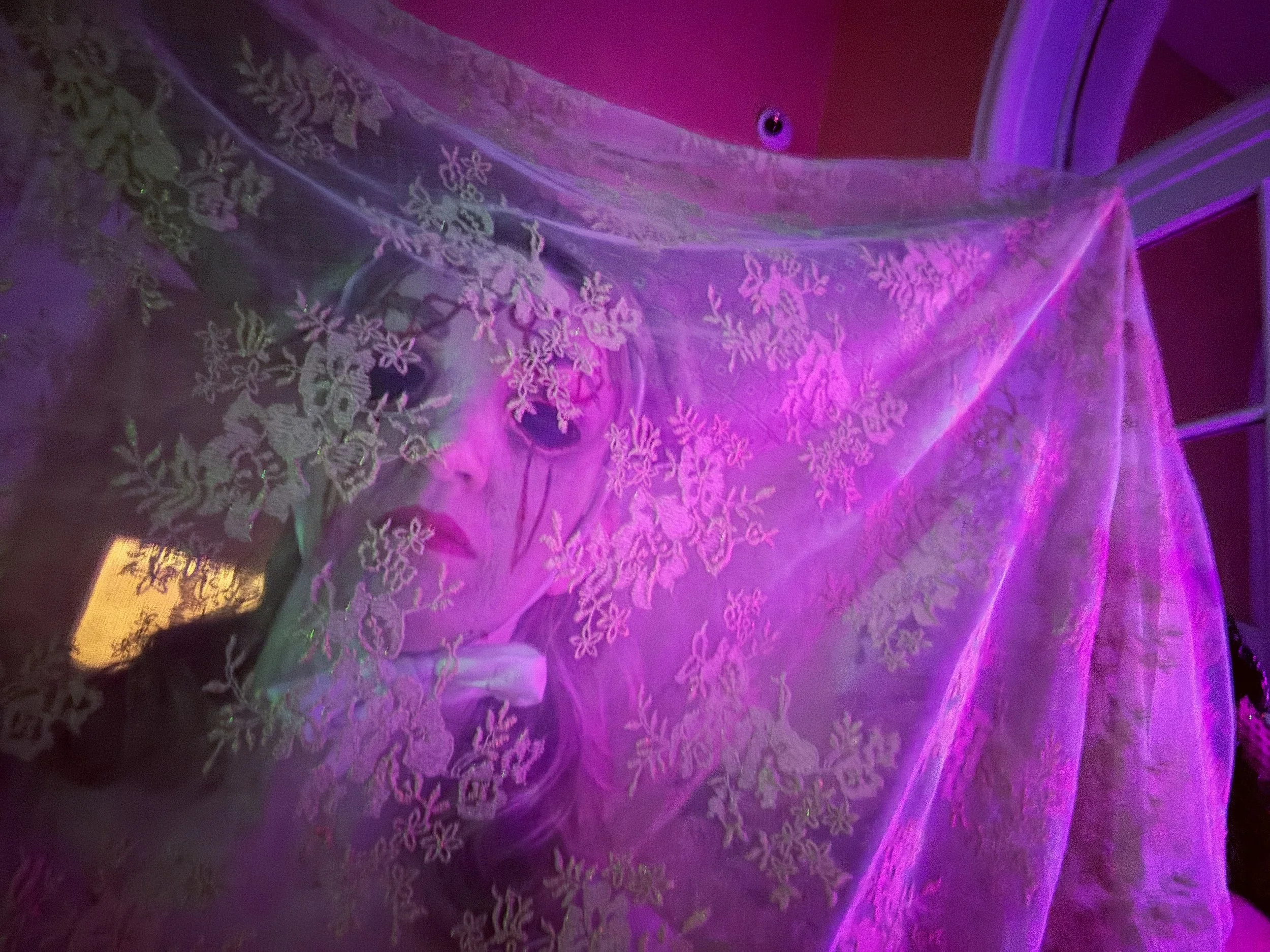 A sheer fabric with snowflake embroidery, illuminated by purple lighting, partially draped over a surface. The fabric features intricate snowflake designs.