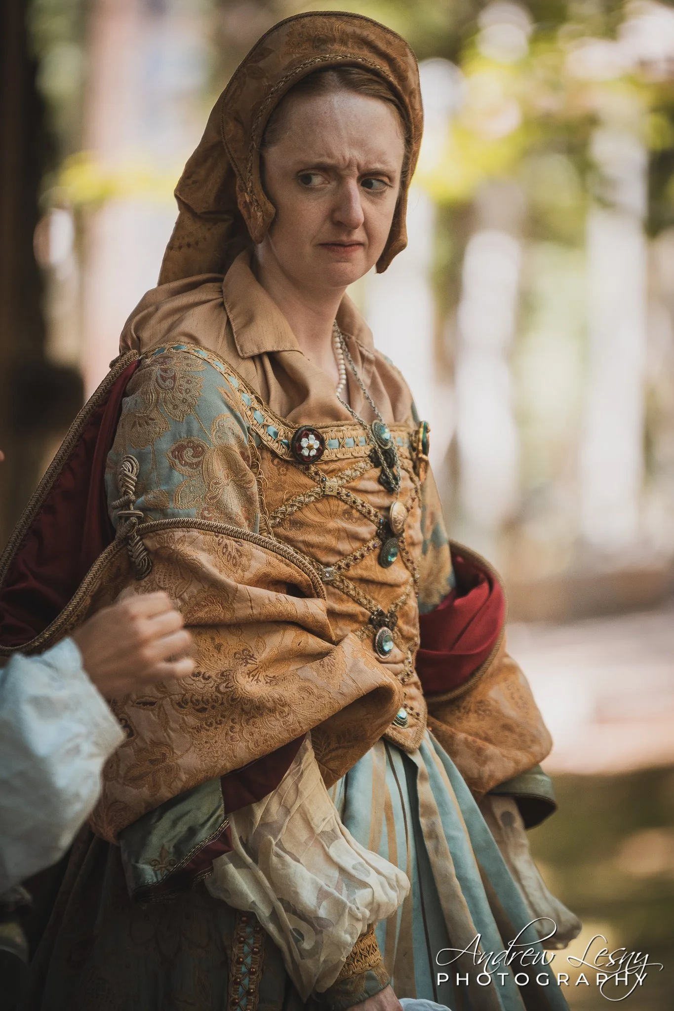 A woman dressed in historical costume with intricate patterns and jewelry, wearing a brown bonnet, outside in a natural setting with blurred background.