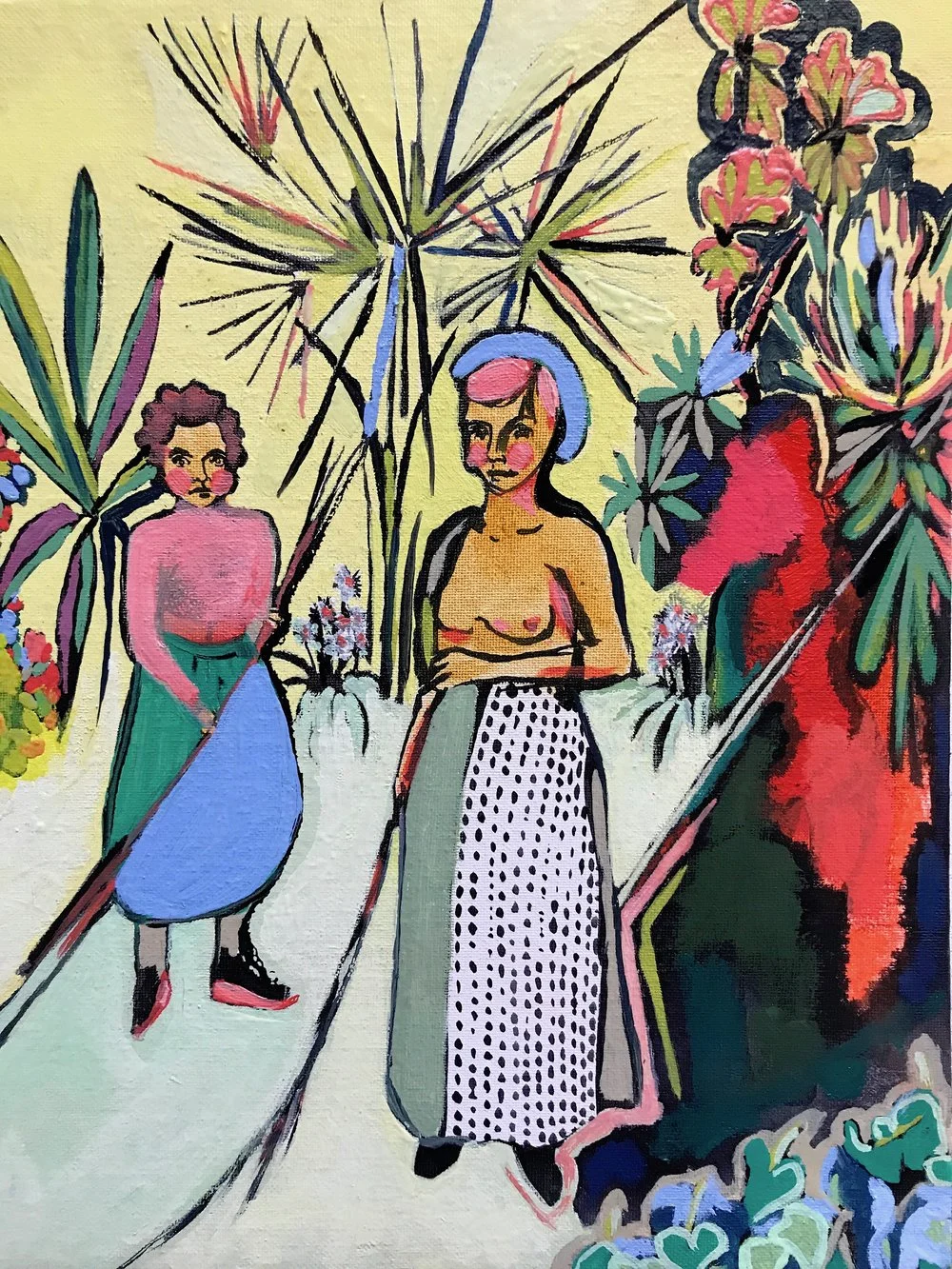 Sweeping up Sawdust on a Windy Day (Blue Skirt) • India ink, oil on board • 2018 • 11x14 • SOLD