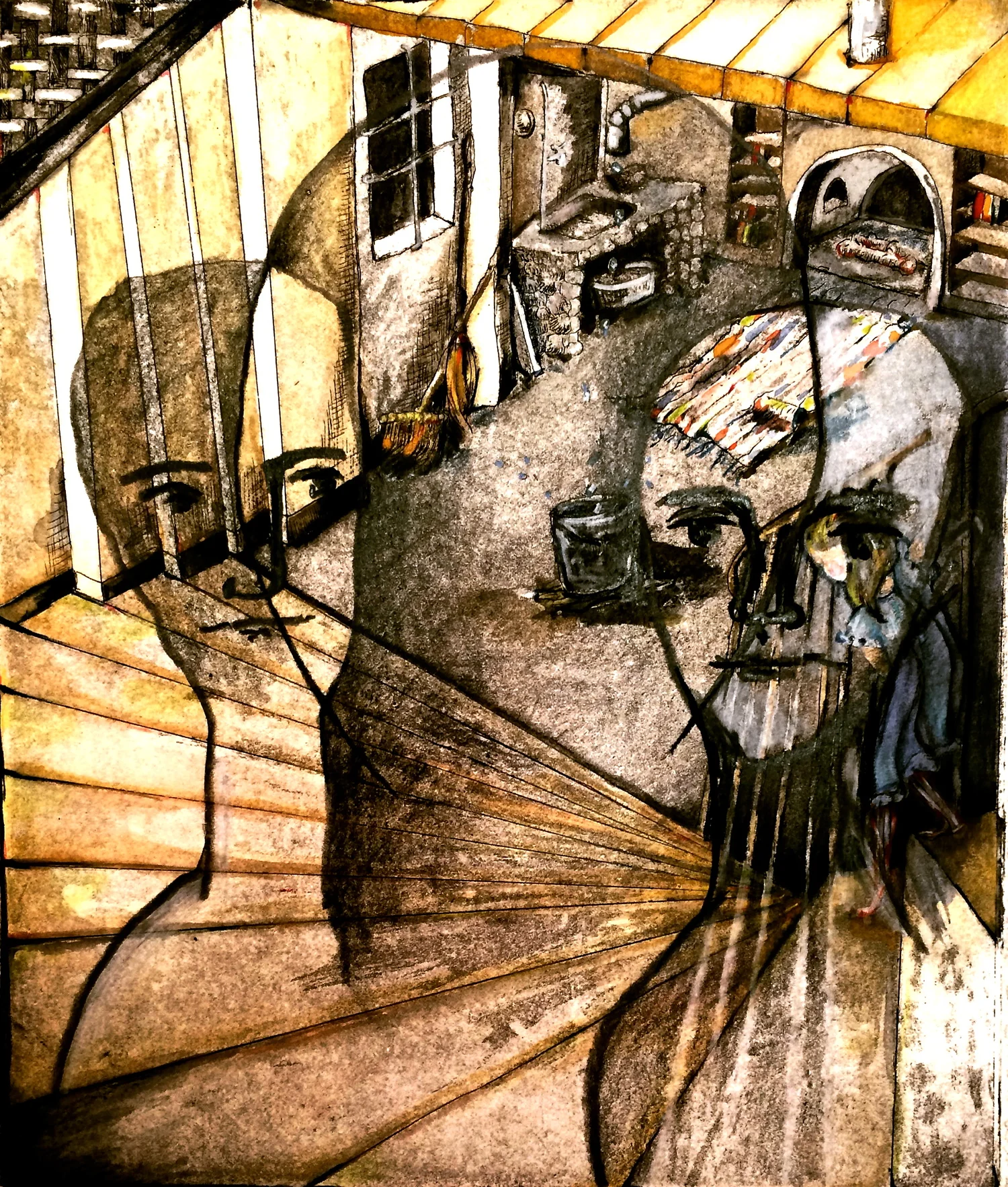 Three Faces • 2014 • dry point, gouache, graphite on paper • SOLD