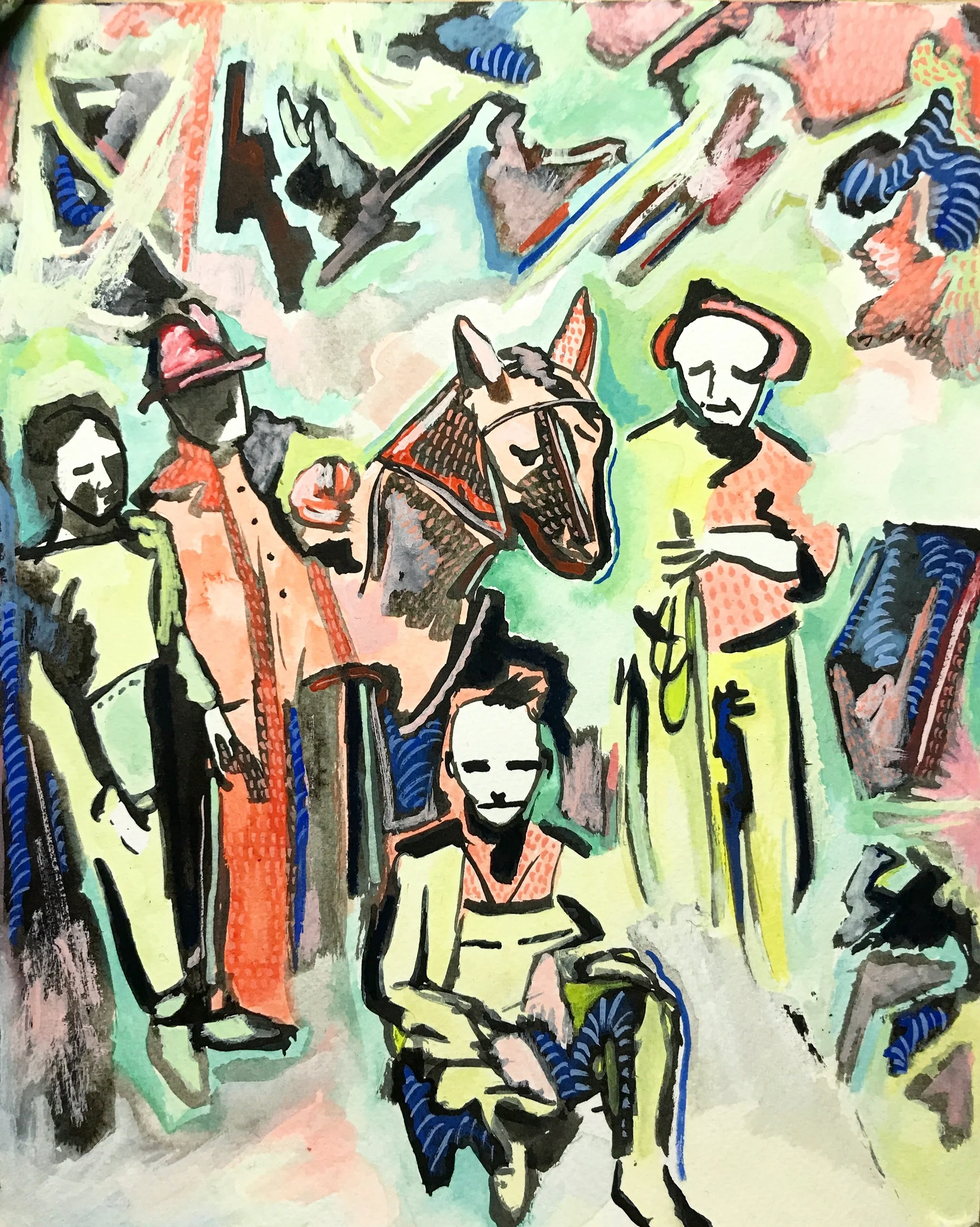 Hail, Hail, The Gang's All Here, 2 • 2018 • India ink, gouache, colored pencil on paper • 8x10in