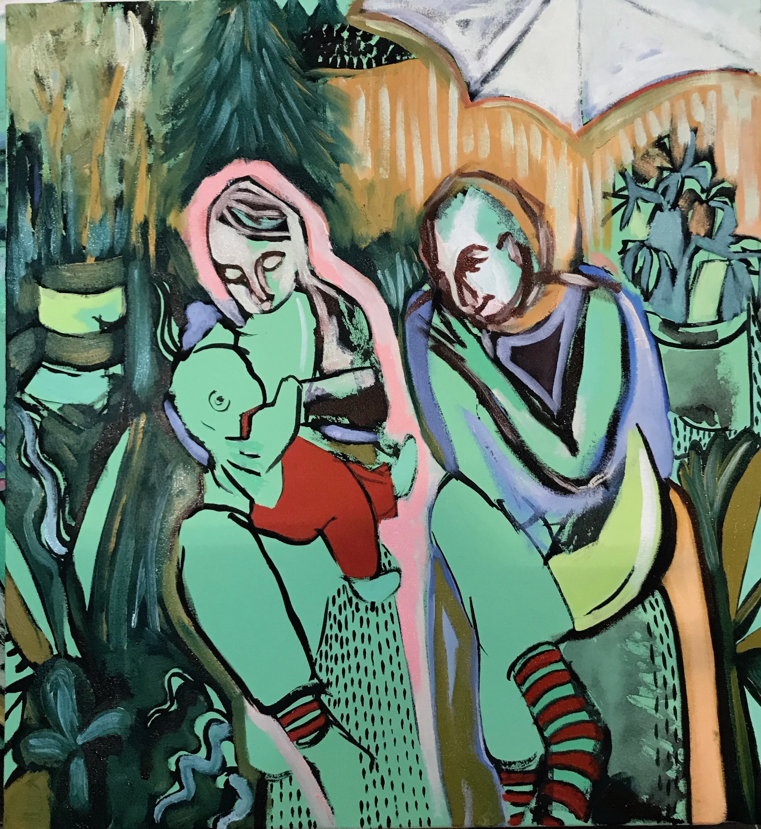 Reliquary 1 (Red Overalls) • 2018 • India ink, acrylic, oil on canvas • 24x26in