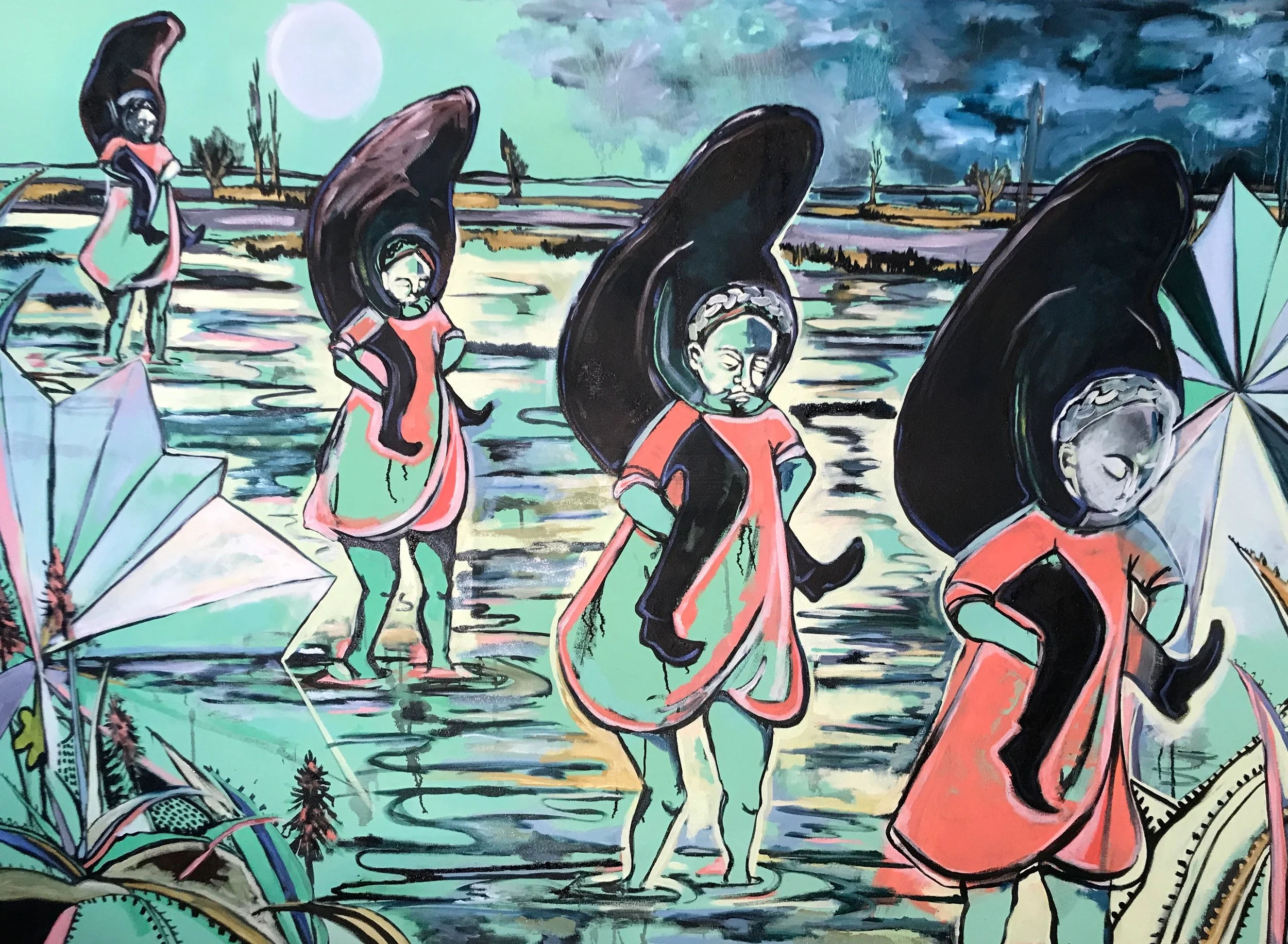 Woman Carrying a Man to His Boat, 1 • 2018 • India ink, acrylic, oil on canvas • 60x84in 