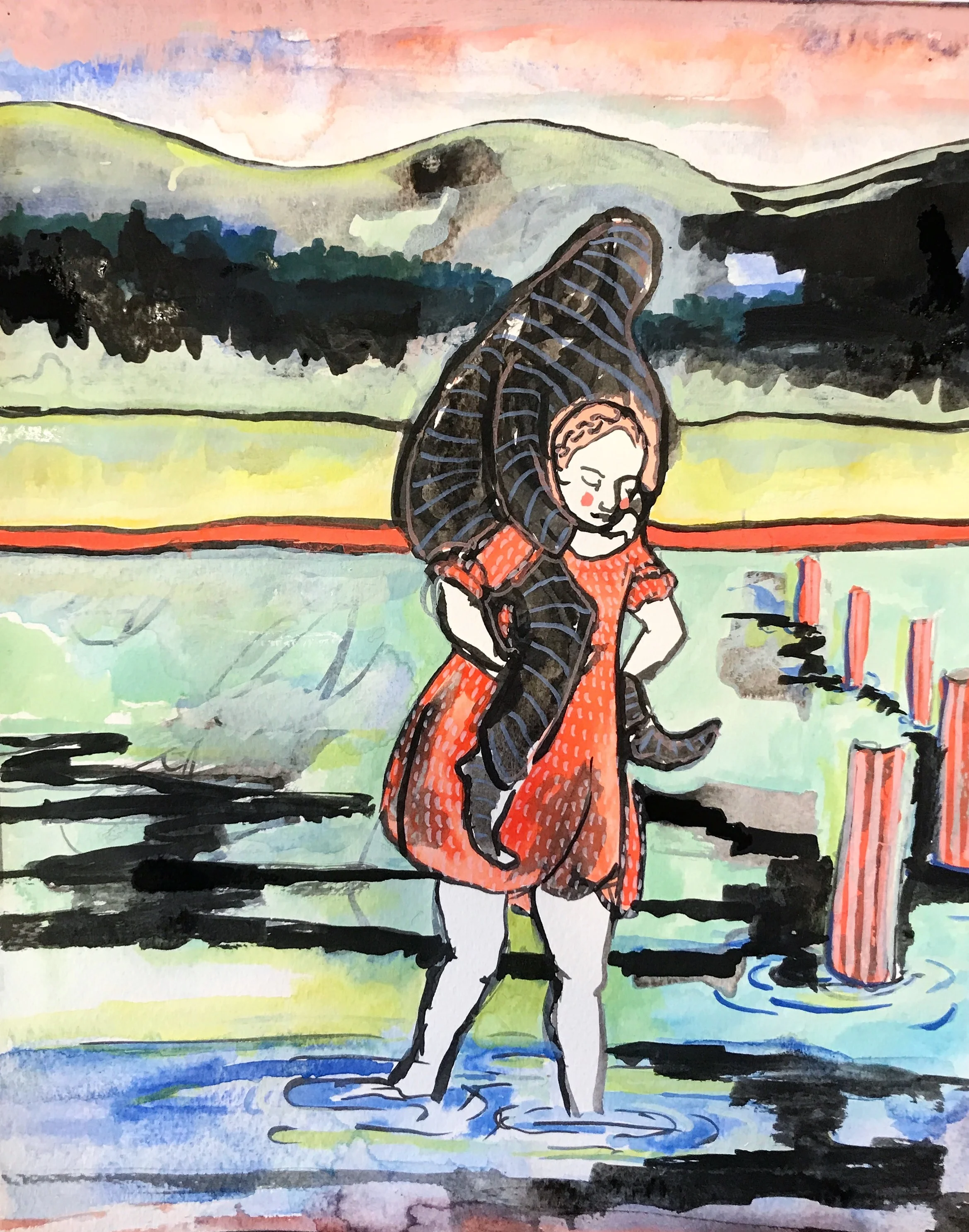 Woman Carrying a Man to his Boat, 2 · India ink, gouache, colored pencil on paper · 12x15in (framed) · 2018 · SOLD