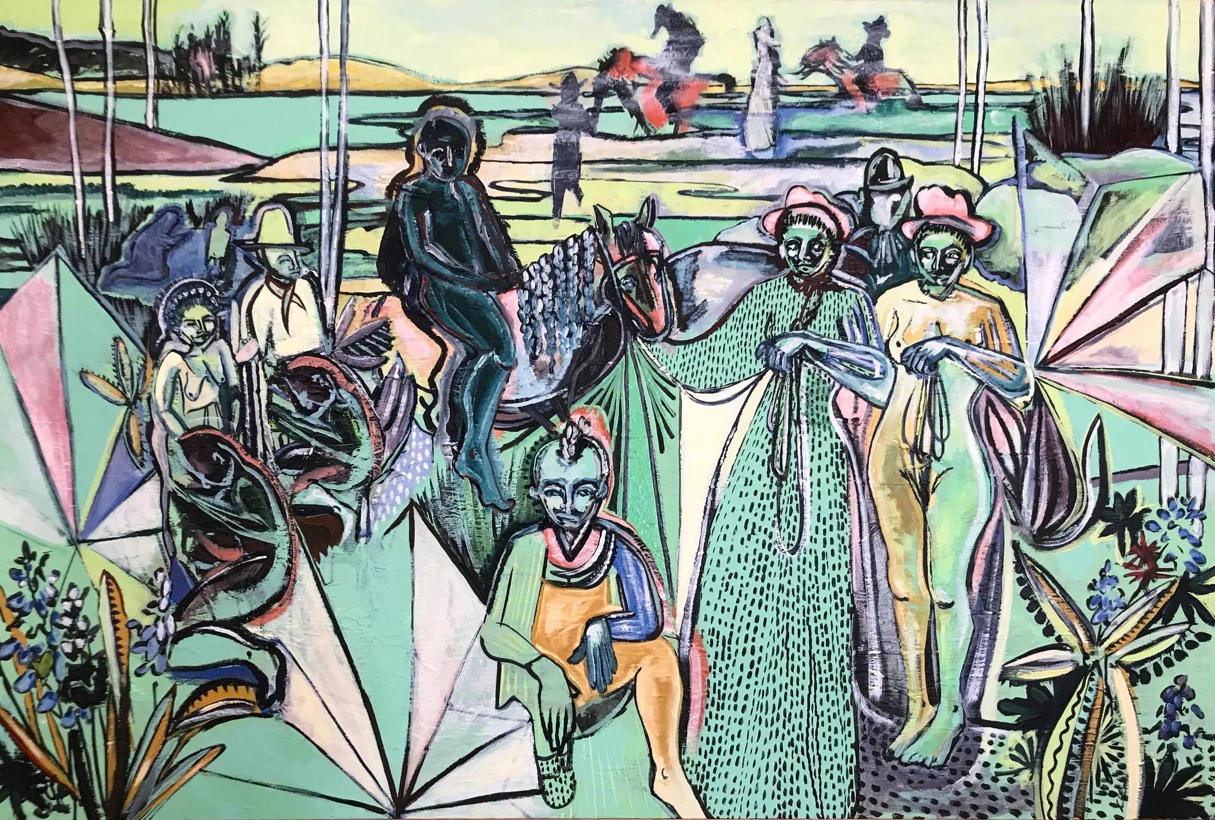 Hail, Hail the Gang's All Here, 1 · India ink, acrylic, oil on canvas · 48x72in · 2018