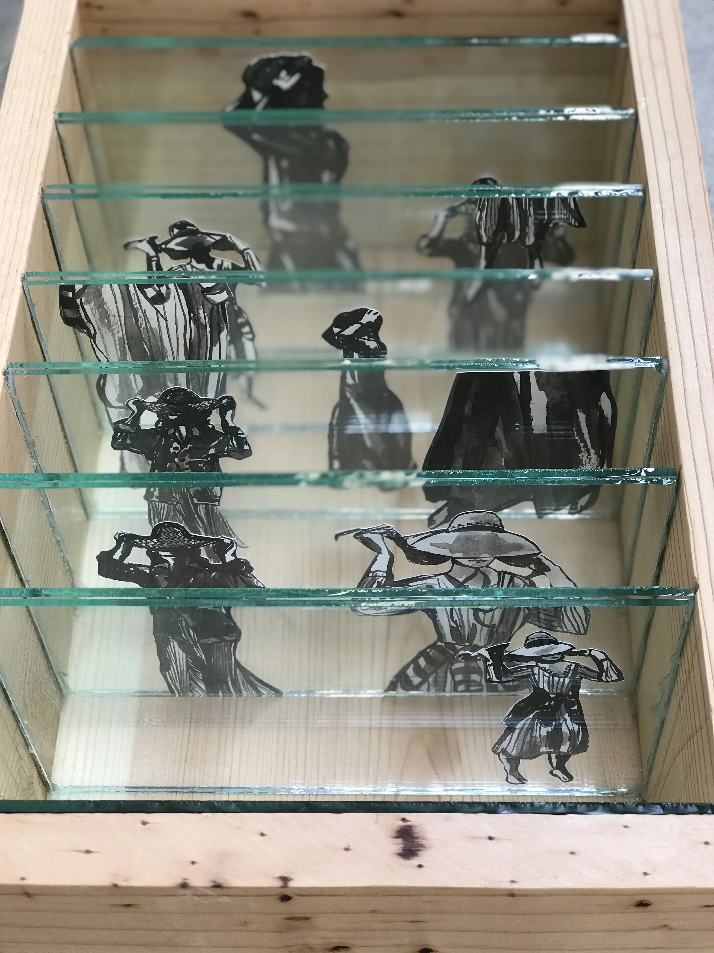 She Said She Said, 3 · wood, glass, mirror, India ink, paper · 2018