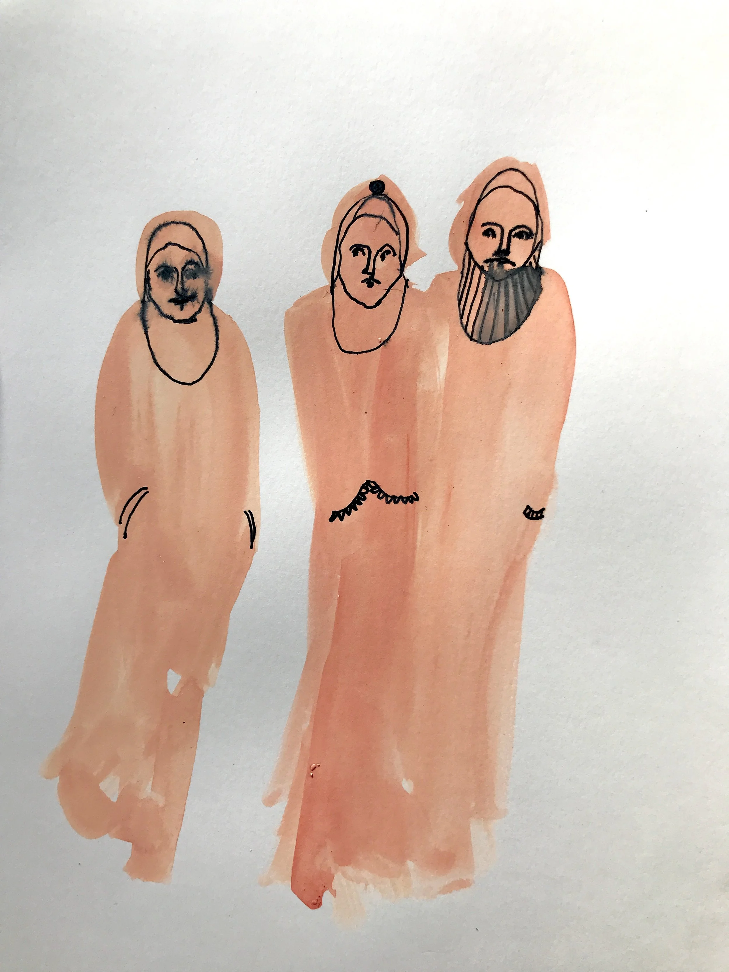 Salmon Girls, 2 · watercolor, ink on paper · 2018 · 8x10in