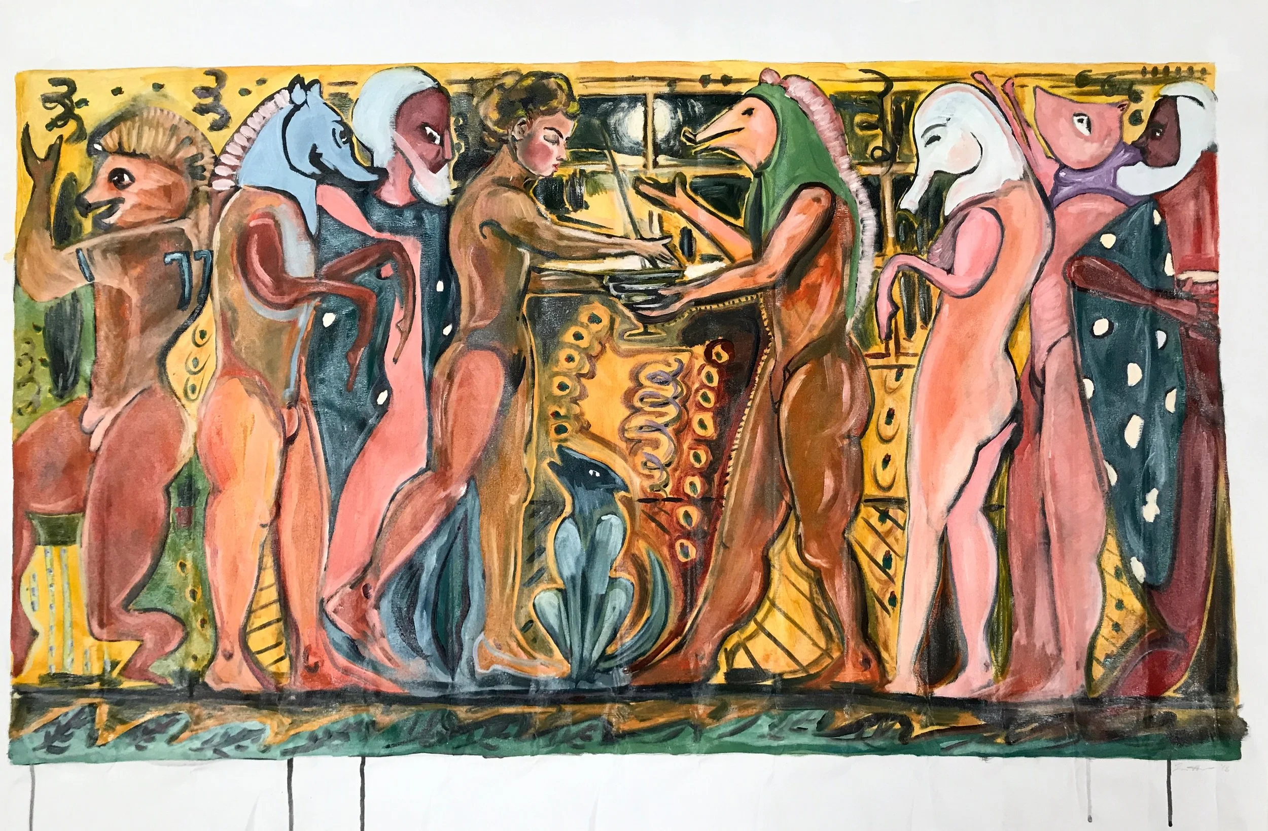 "Party at Circe's!" · India ink and oil on canvas · 2018 · 54 x 36 inches
