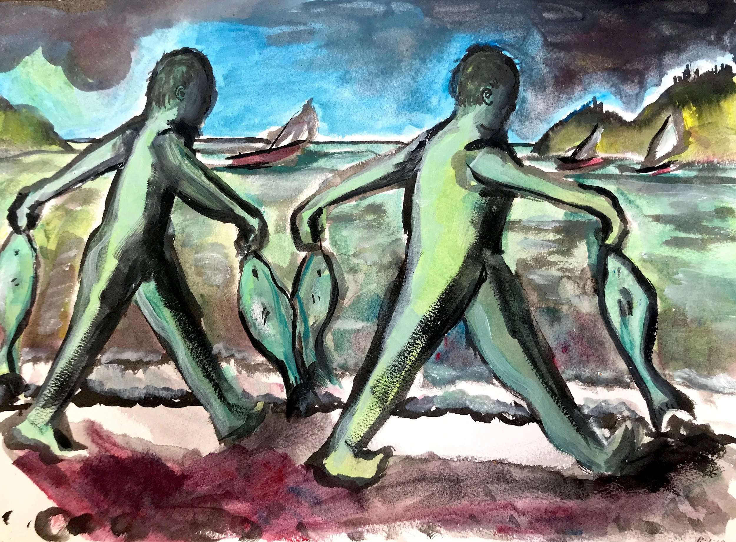 Procession of Fishermen · India ink, gouache on paper · 10x14in / 2018
