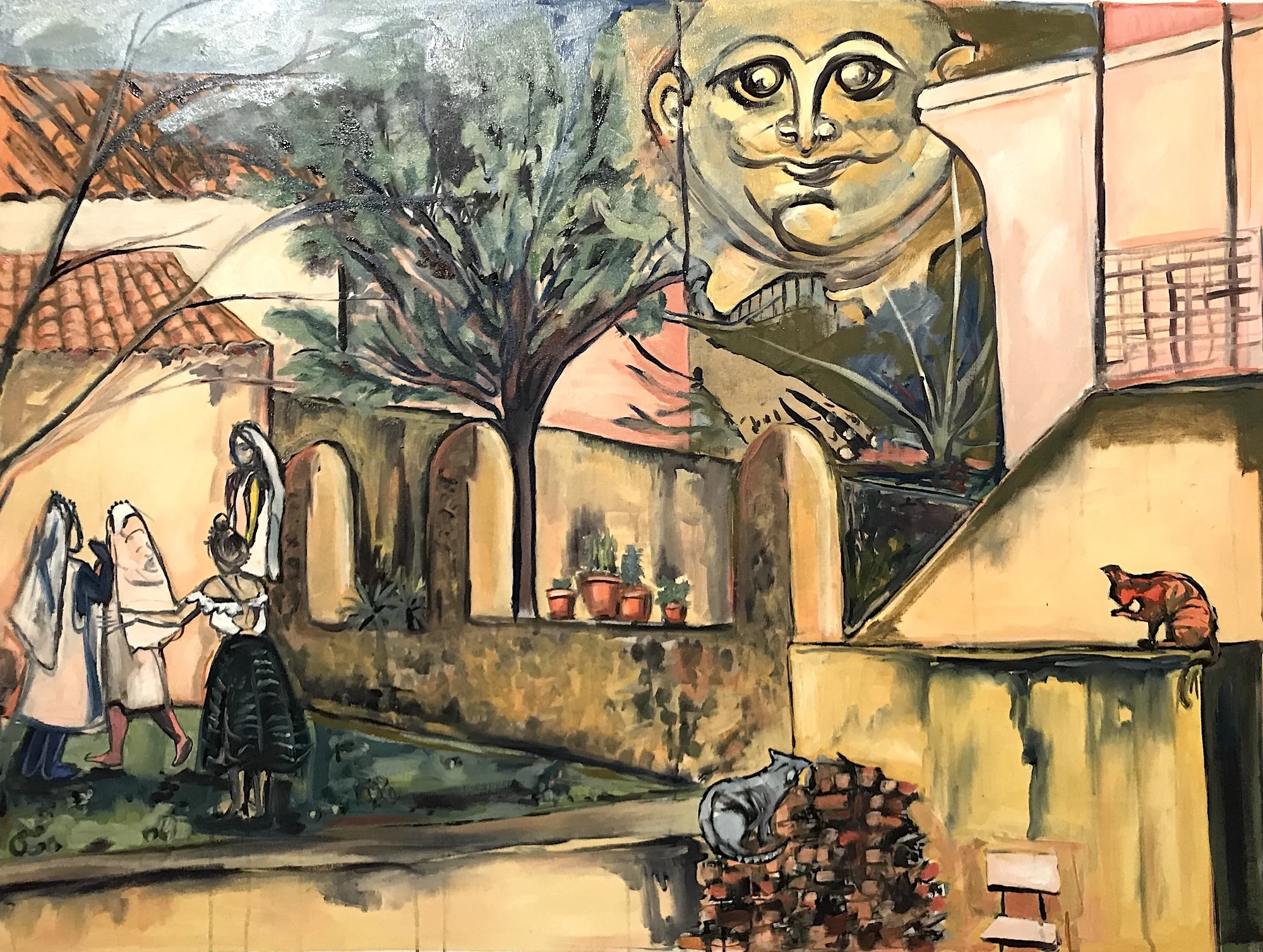 "The Cats are Training" · India ink and oil on canvas · 36 x 36 inches · 2018 · SOLD