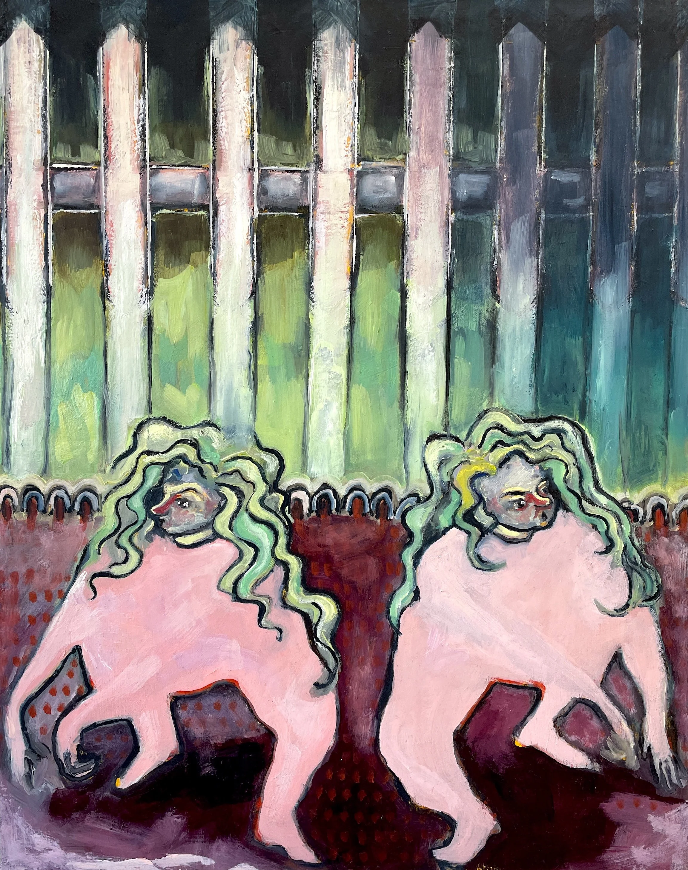 Fenced · oil, beeswax and oil stick on linen · 20 x 16 inches · 2024