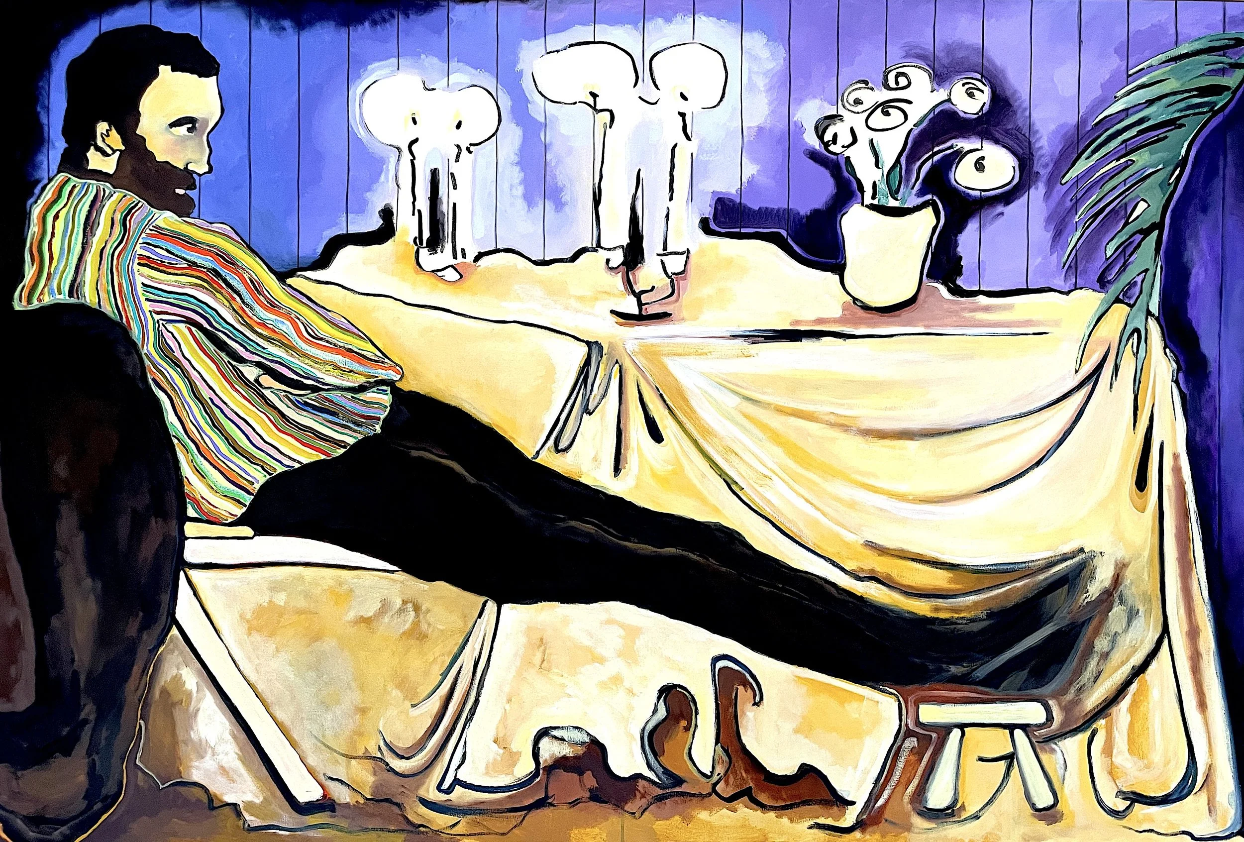 A Man Sits Alone at a Table · oil and oil stick on linen · 40 x 60 inches · 2025